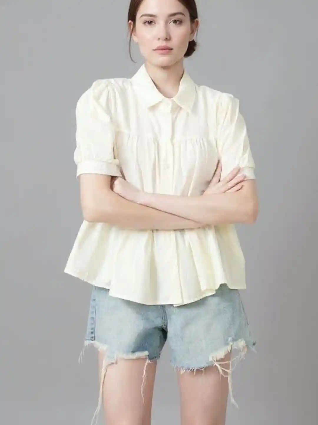 HERE&NOW Women Shirt Collar Short Sleeves Peplum Top