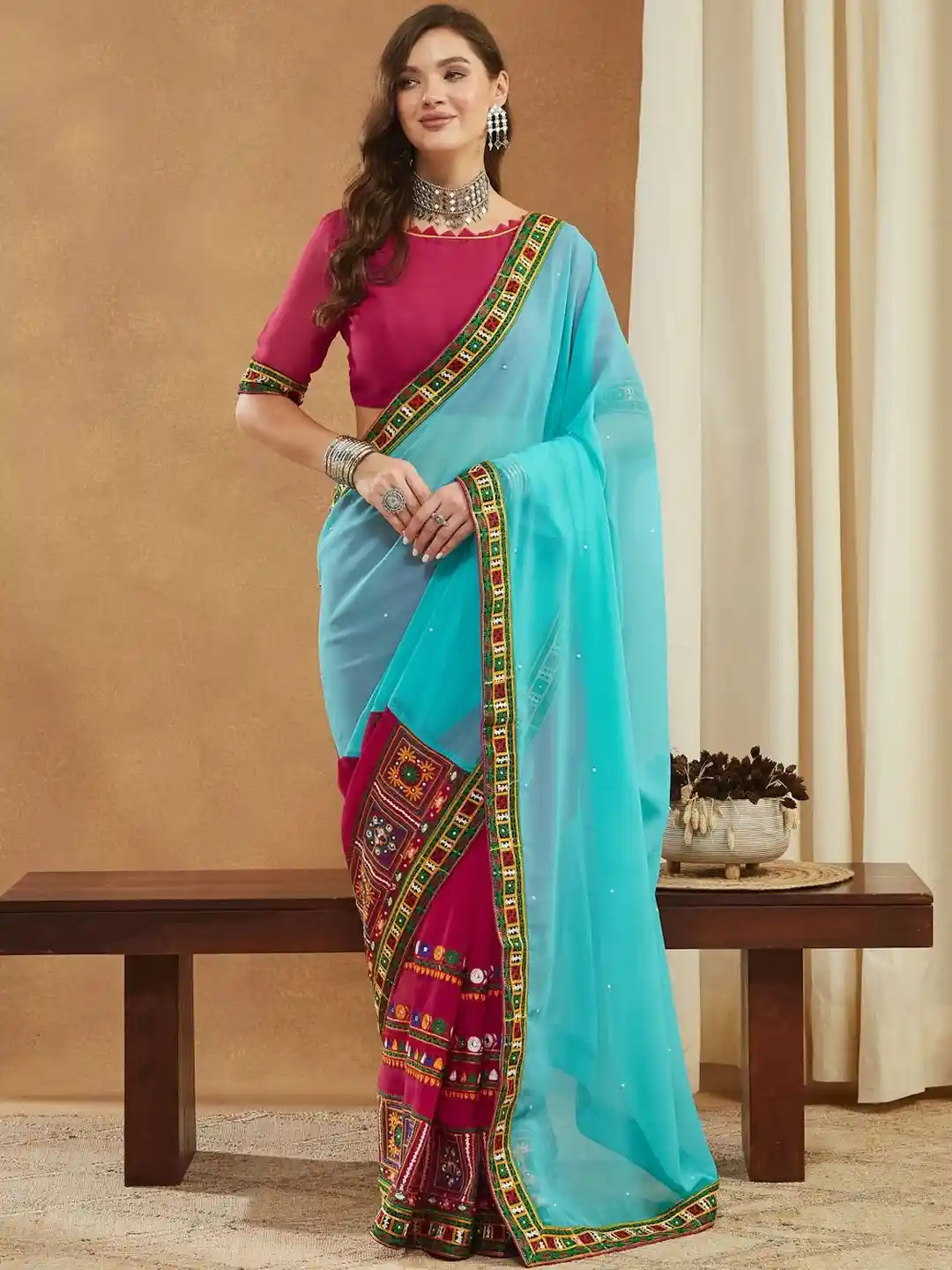 KAVINDI Ethnic Motifs Embroidered Pure Georgette Designer Saree