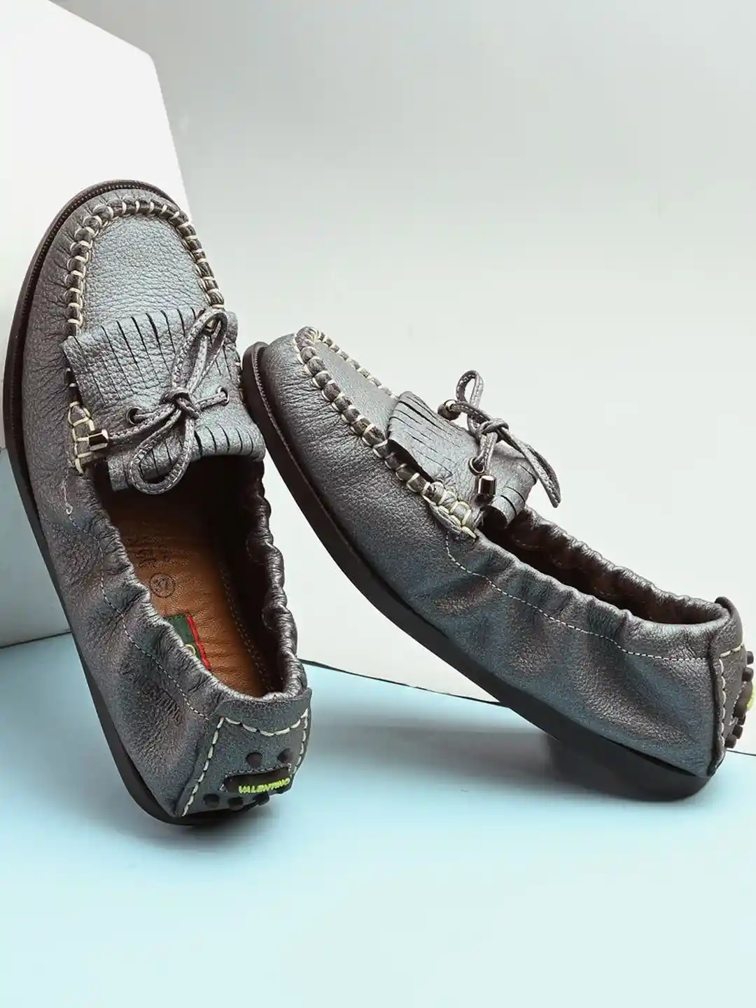 Valentino Women Metalic Grey Leather Loafers