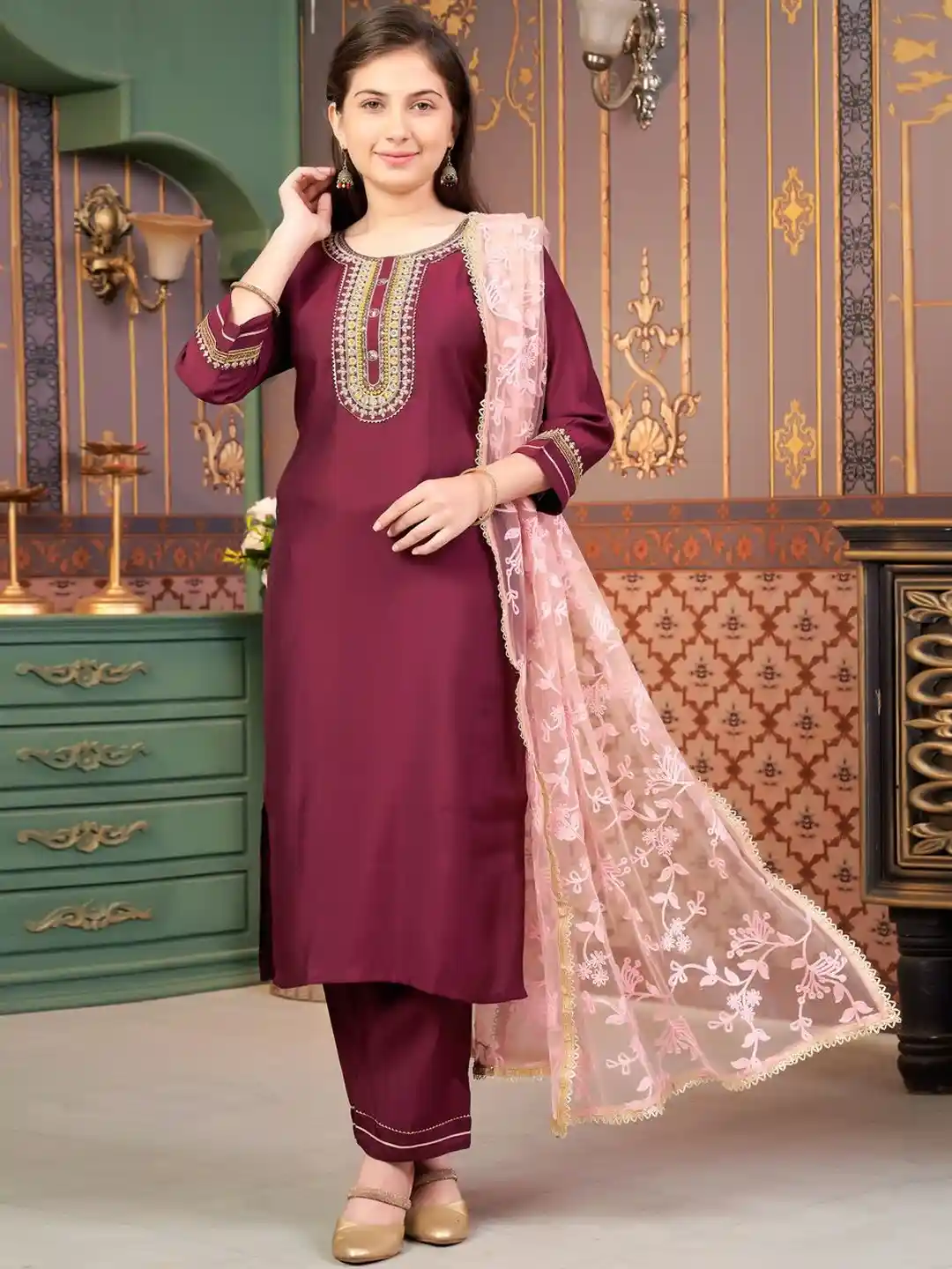 Buy Muhuratam Girls Ethnic Wear Wine Colour Sequin Embroidery Silk