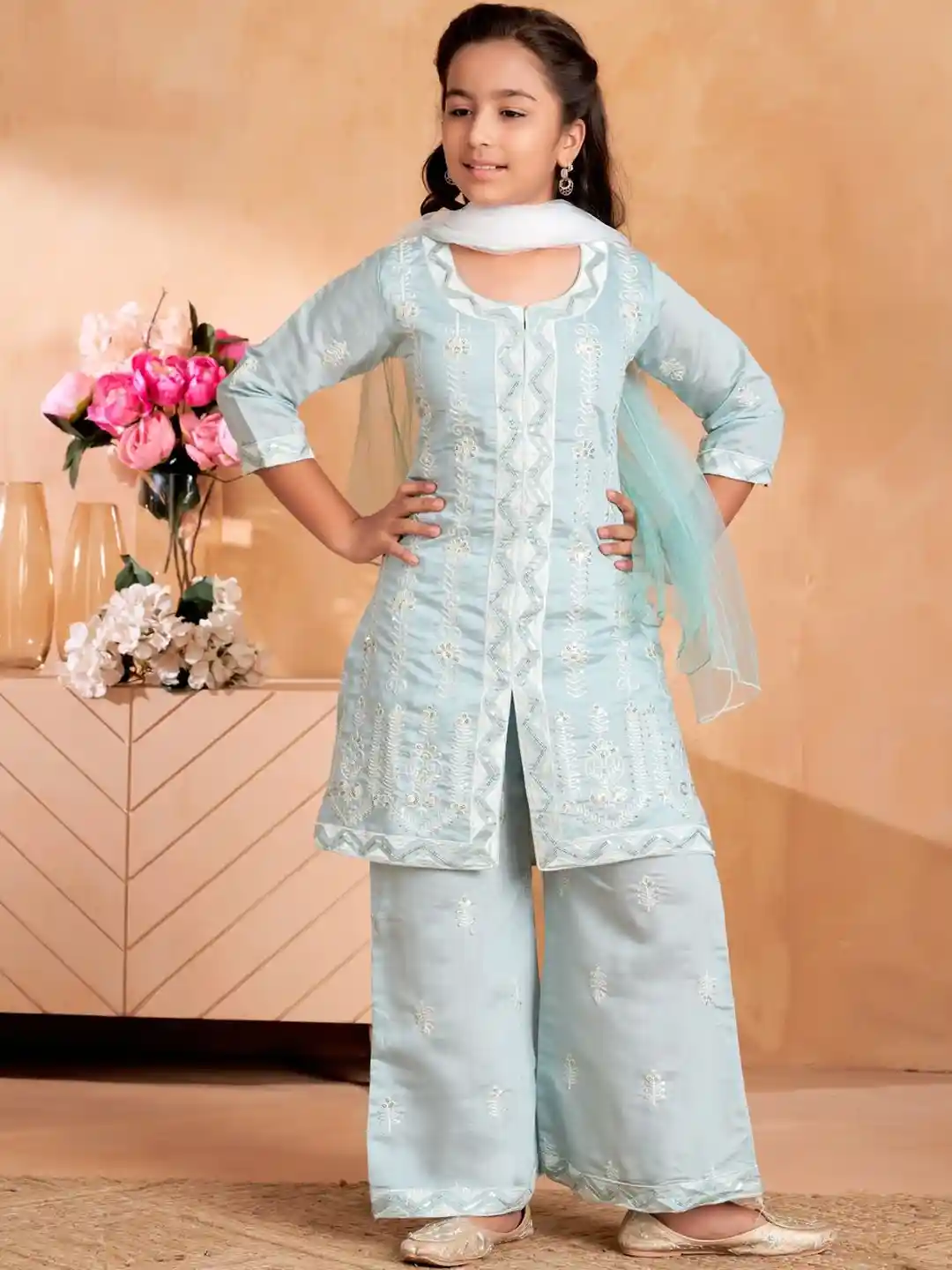 Buy Muhuratam Girls Embroidered Regular Pure Silk Kurta with