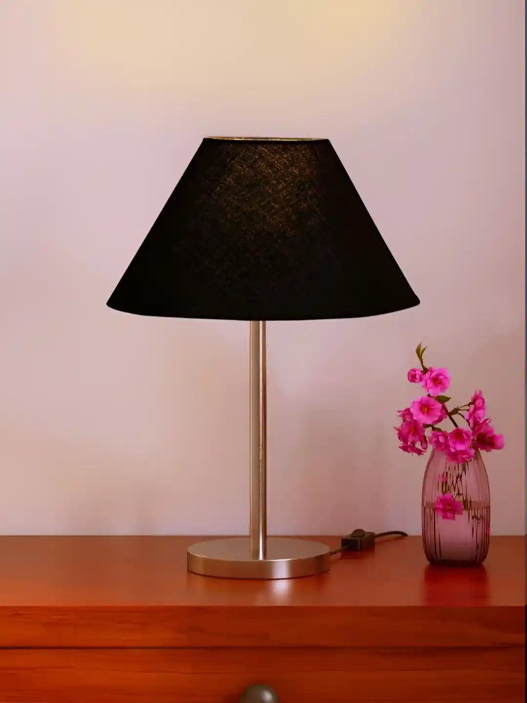 Devansh Black Silver-Toned Triangle Shaped Steel Table Lamp With Shade