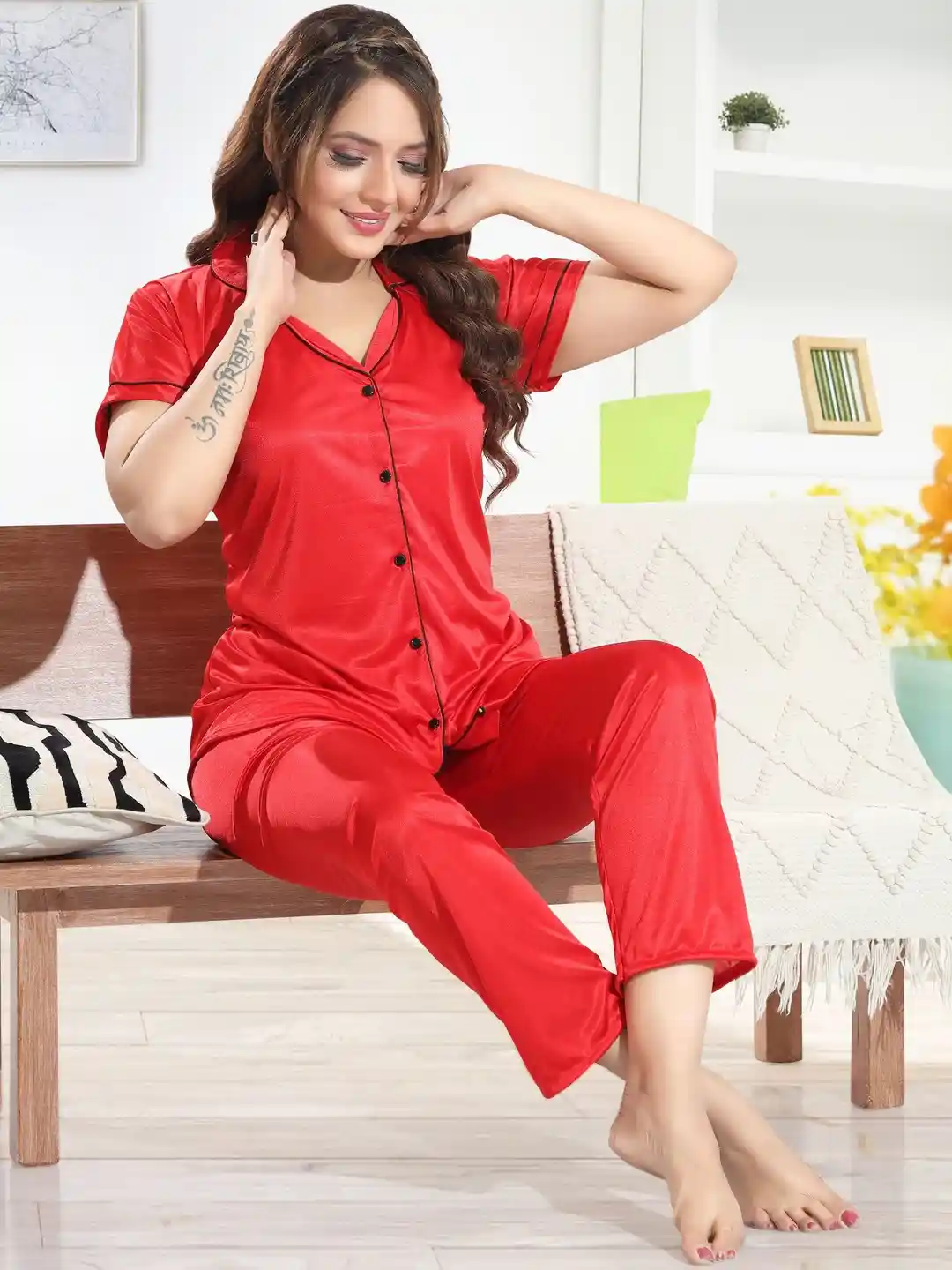 Buy LIFE-TALE Women Satin Shirt And Pyjama Night suit Night