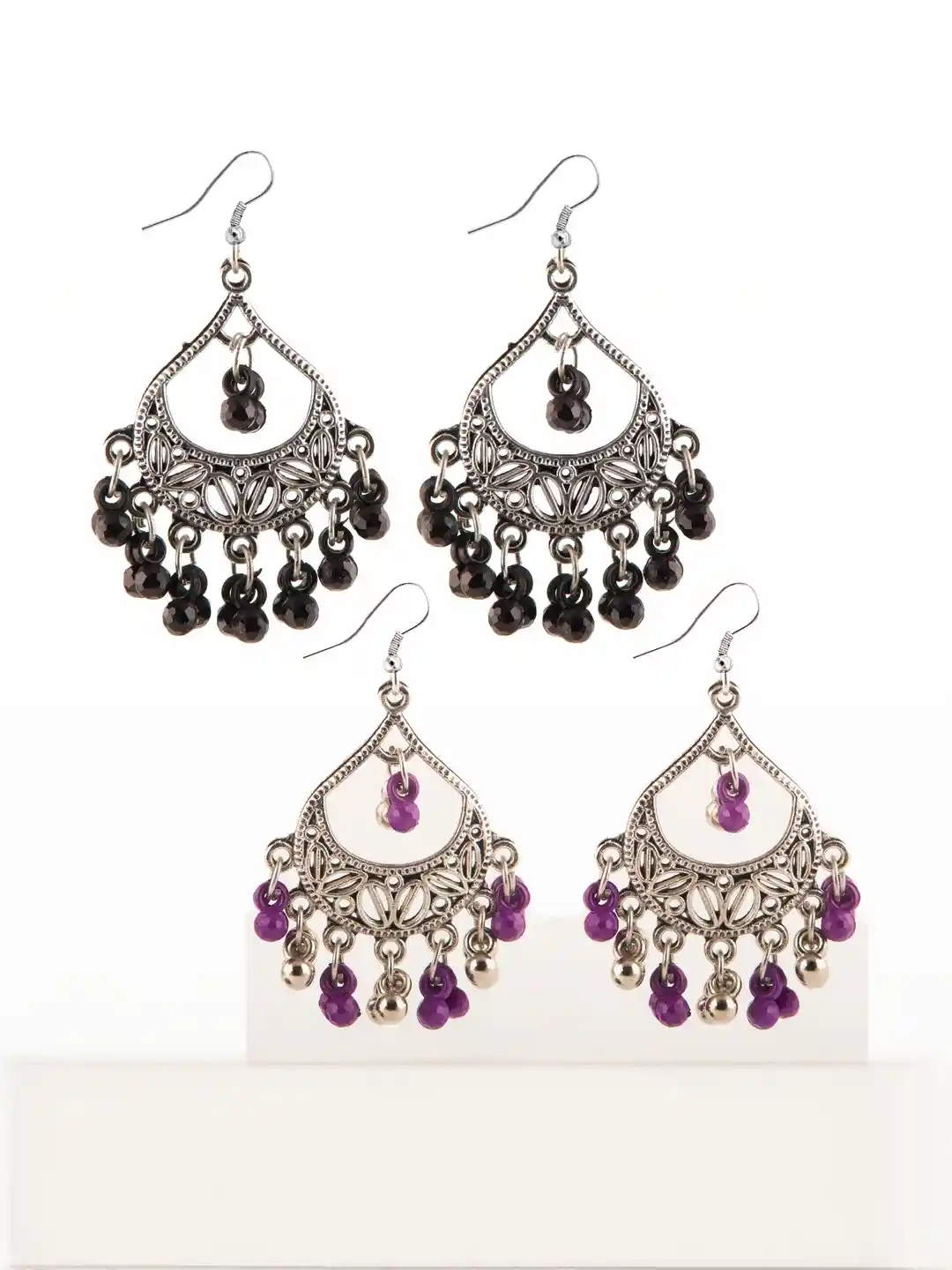 Set of Oxidized Silver-Toned Chandbali Earrings with Black Purple Beads  Girls