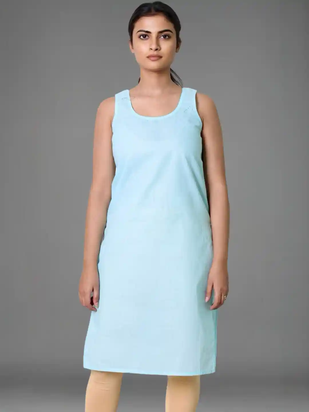 myplusfashion Women Blue Cotton Long Kurti Camisole