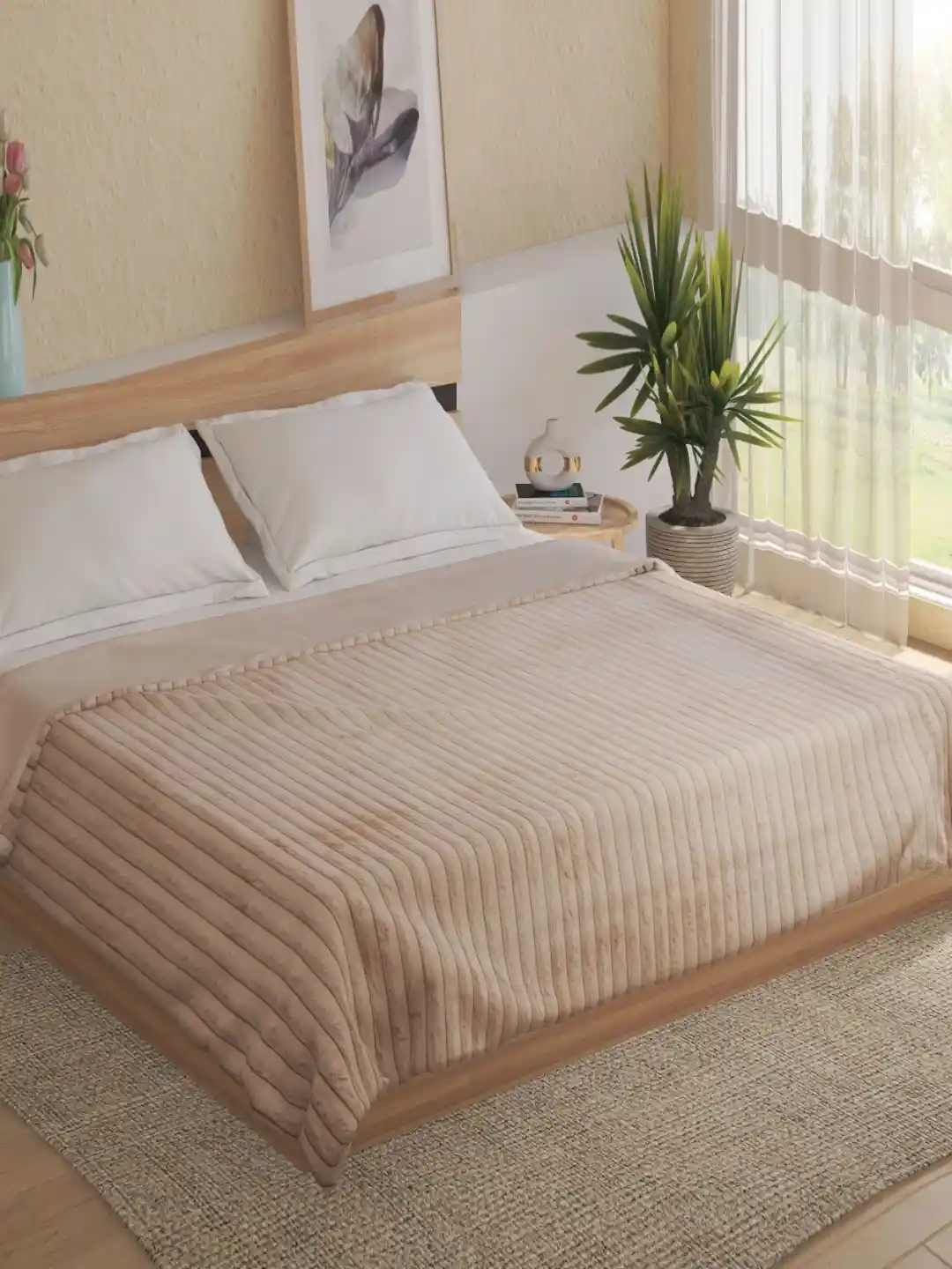 Home Centre Brown Striped AC Room 400 GSM Double Bed Blanket