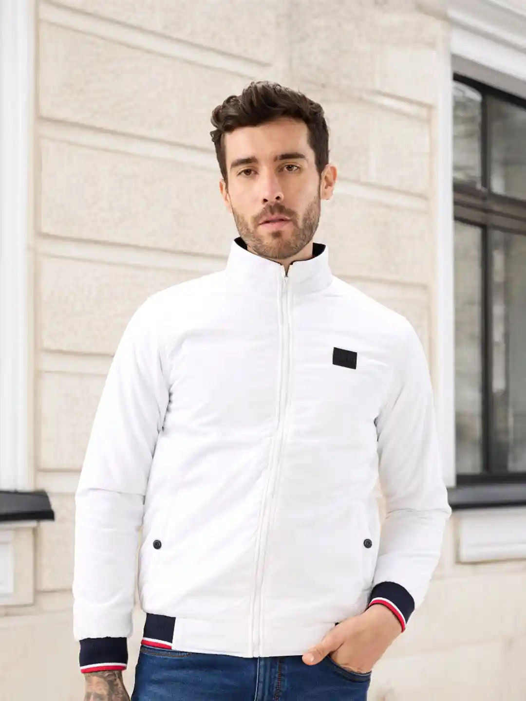 Status Quo Men Stand Collar Solid Lightweight Bomber Jacket