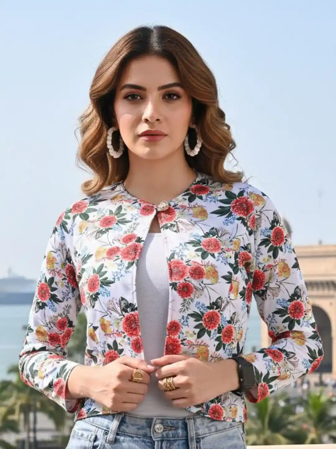 FLYING FEST Floral Printed Crop Open Front Shrug