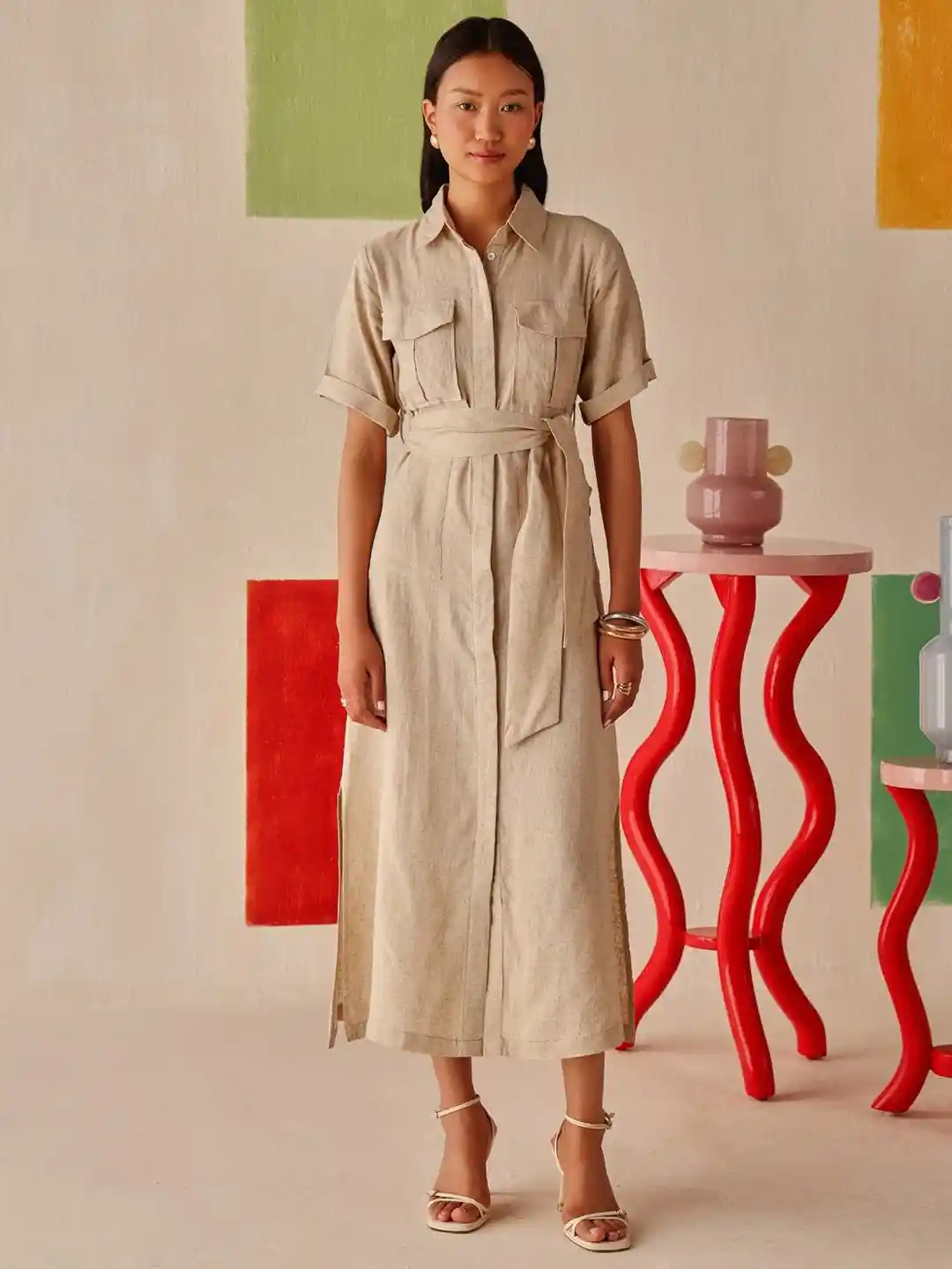 Sage by Mala Women Short Sleeves Shirt Midi Dress