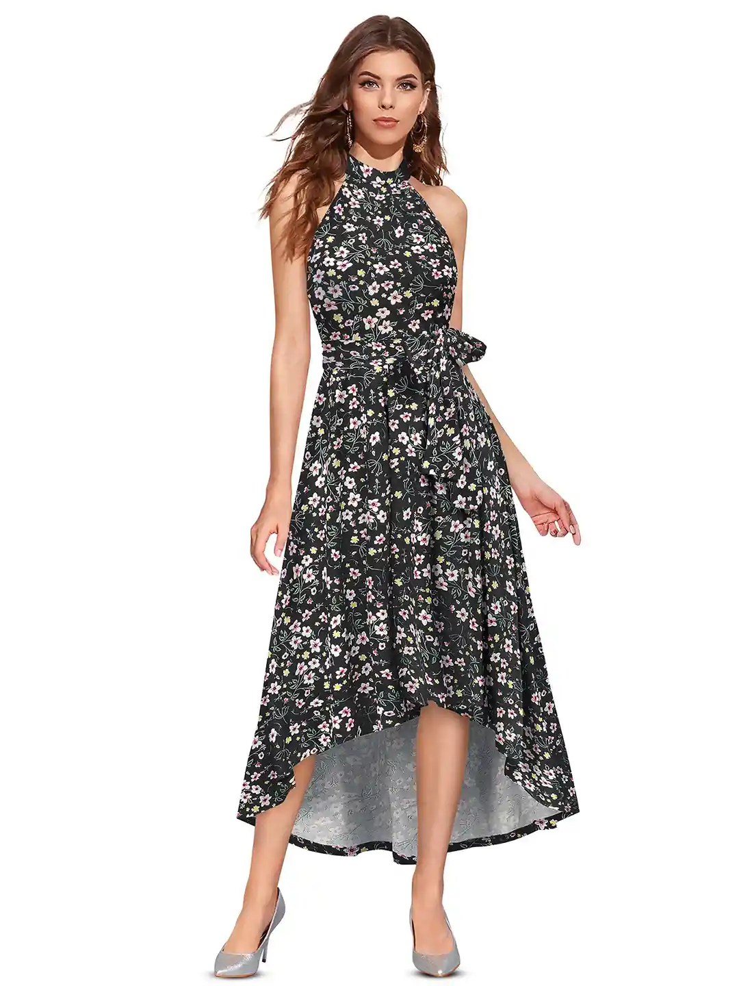 STYLENZA Women Floral Print Halter Neck Fit Flare Midi Dress