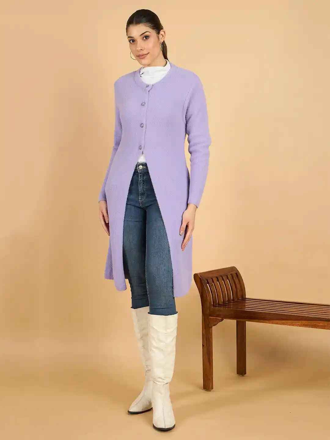 Buy CLAPTON Women Solid Long Sleeves Clapton Hair Woollen Longline