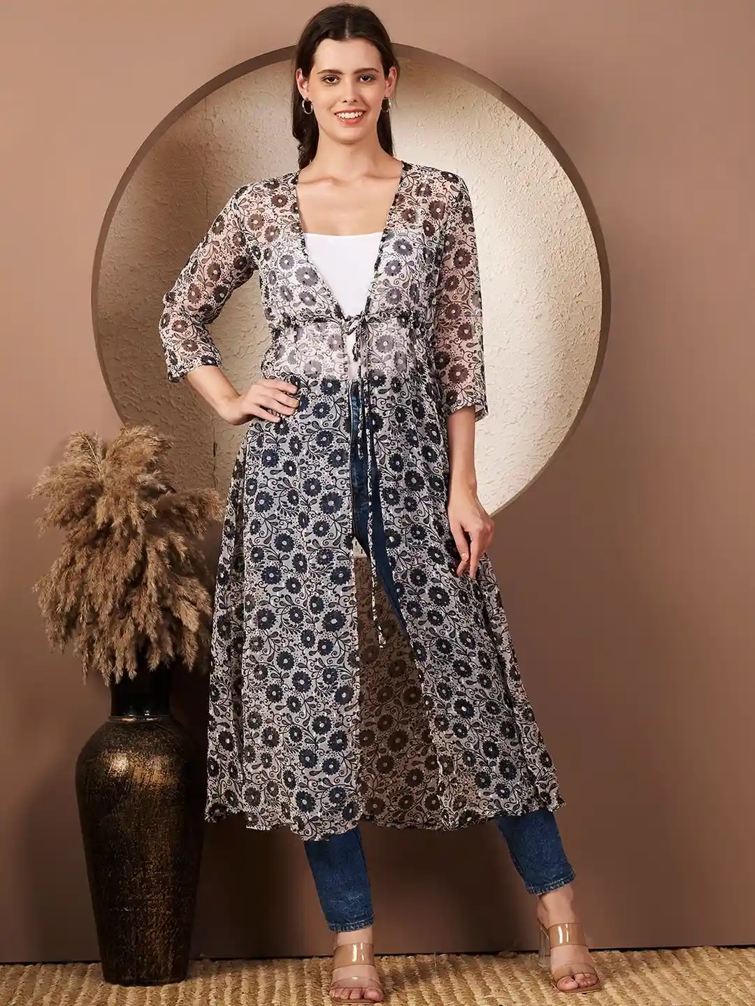 Buy Corsica Women Black Chiffon Floral Butti Long Shrug Jackets