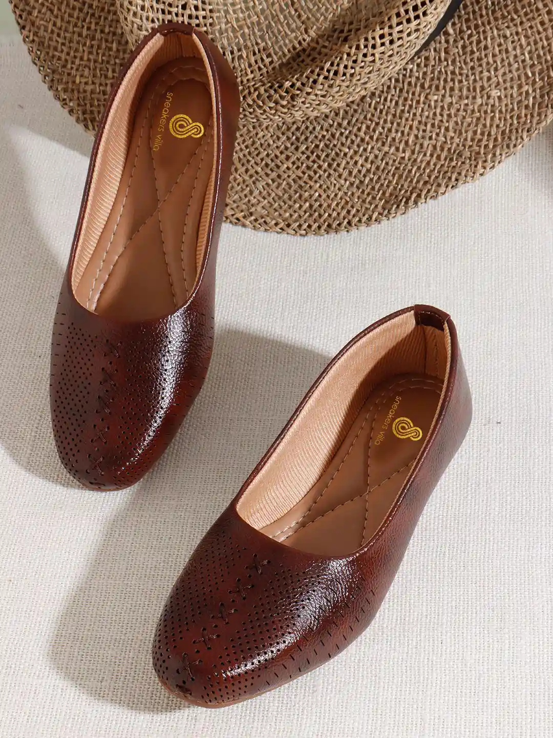 sneakers villa Women Textured Round Toe Slip-On Leather With Laser Cuts  Mojaris Flats