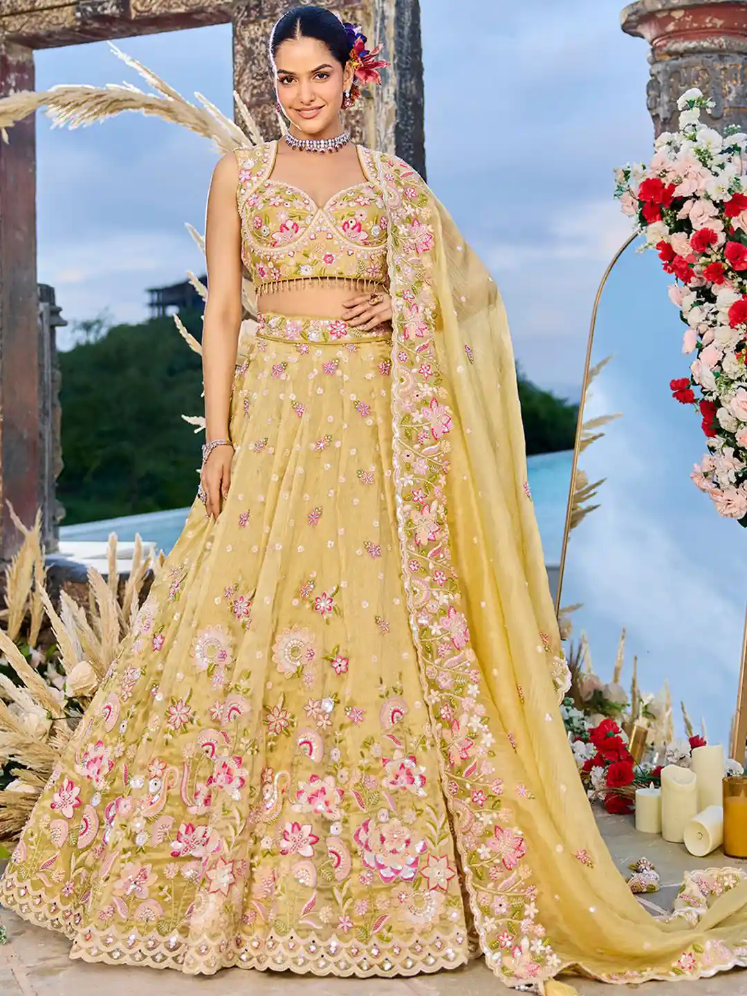 Buy panchhi Yellow Embroidered Tissue Sequinned Ready To Wear