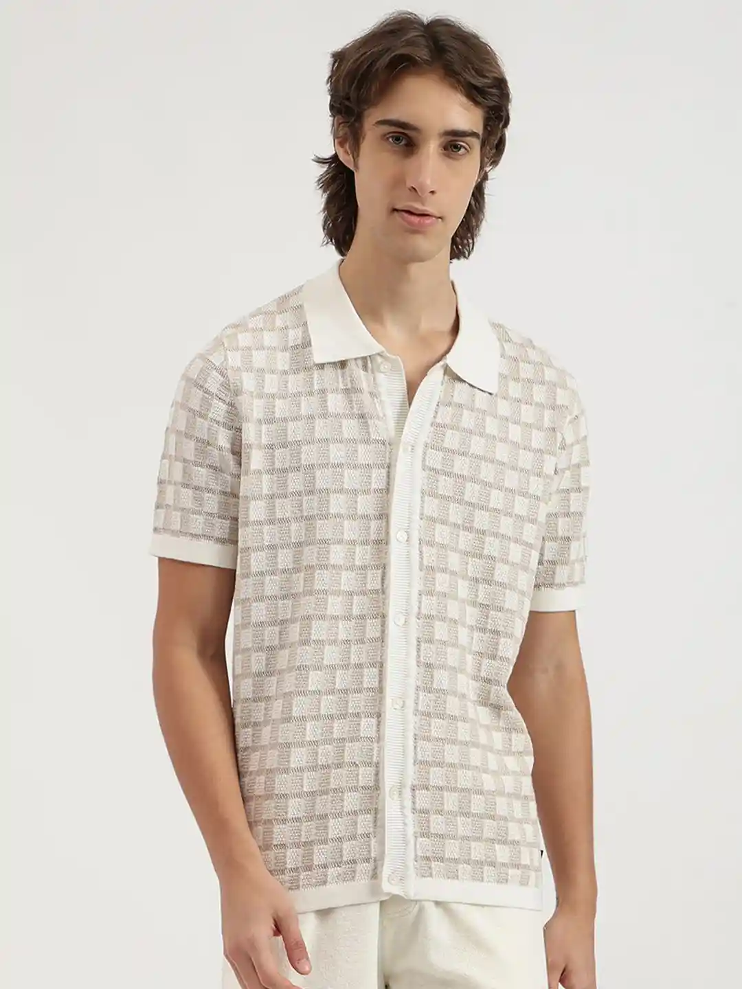 United Colors of Benetton Men Checked Printed Shirt Collar Short Sleeve  Cardigan Sweater