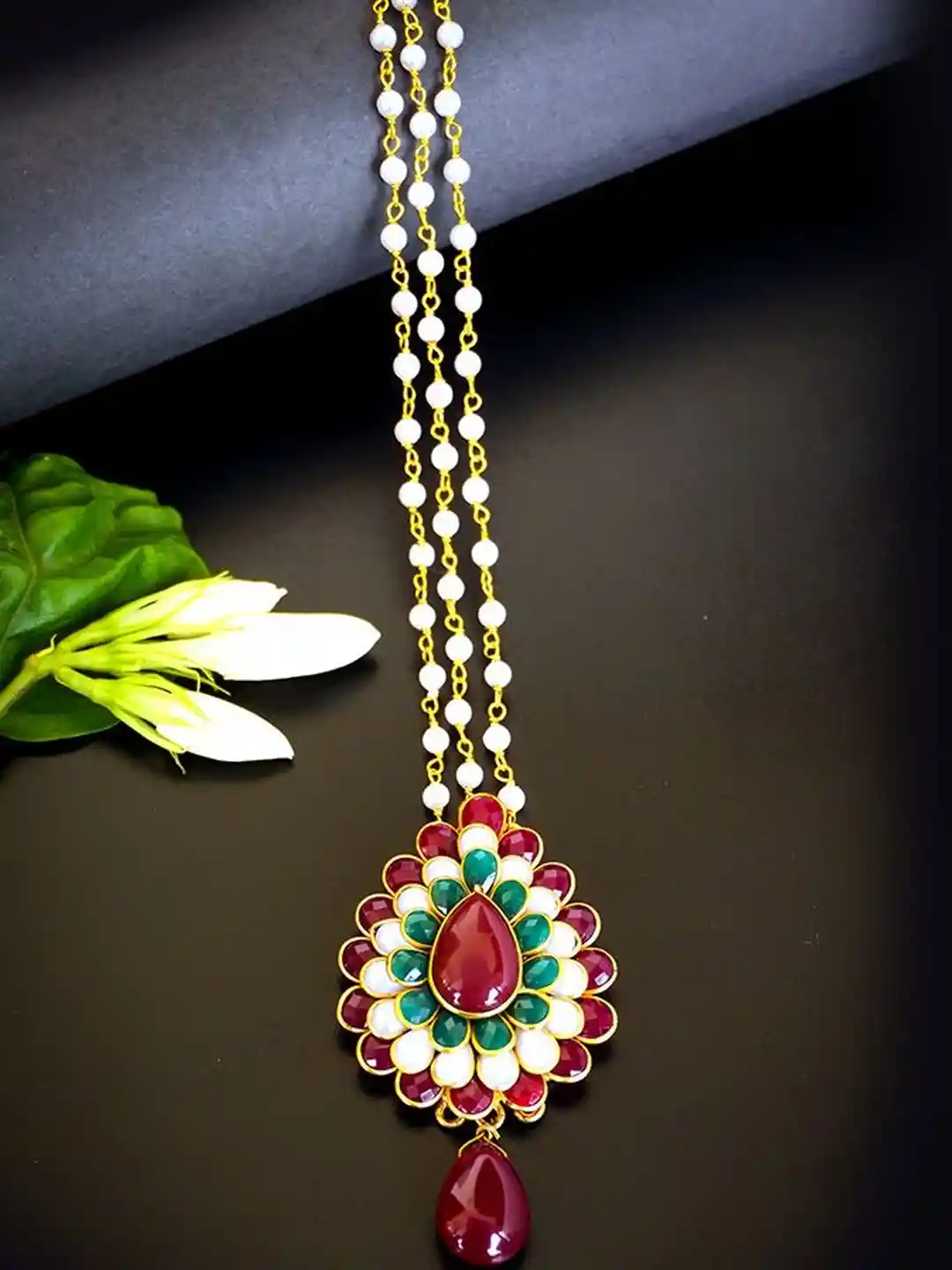 Richlook Rhodium-Plated Kundan Studded Pearls Beaded Maang Tikka
