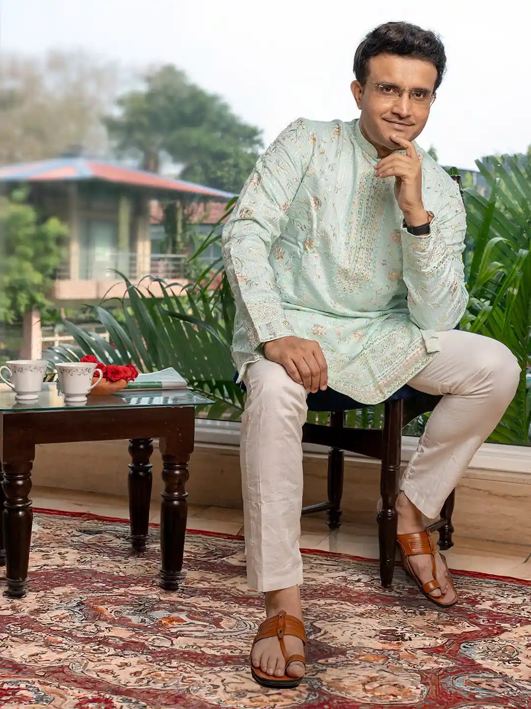 Souragya Men's Classic Silk Sky Blue Printed With Sequins Work Kurta Set