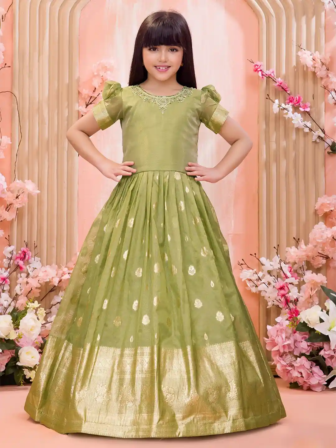 Lagorii Girls Floral Embellished Puff Sleeve Maxi Dress