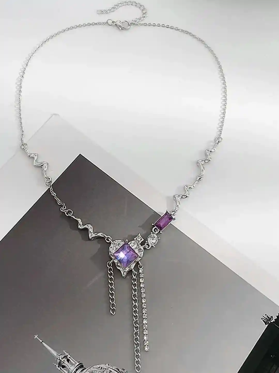 Buy Silver Plated Geometric Chain Necklace with Purple and Crystal