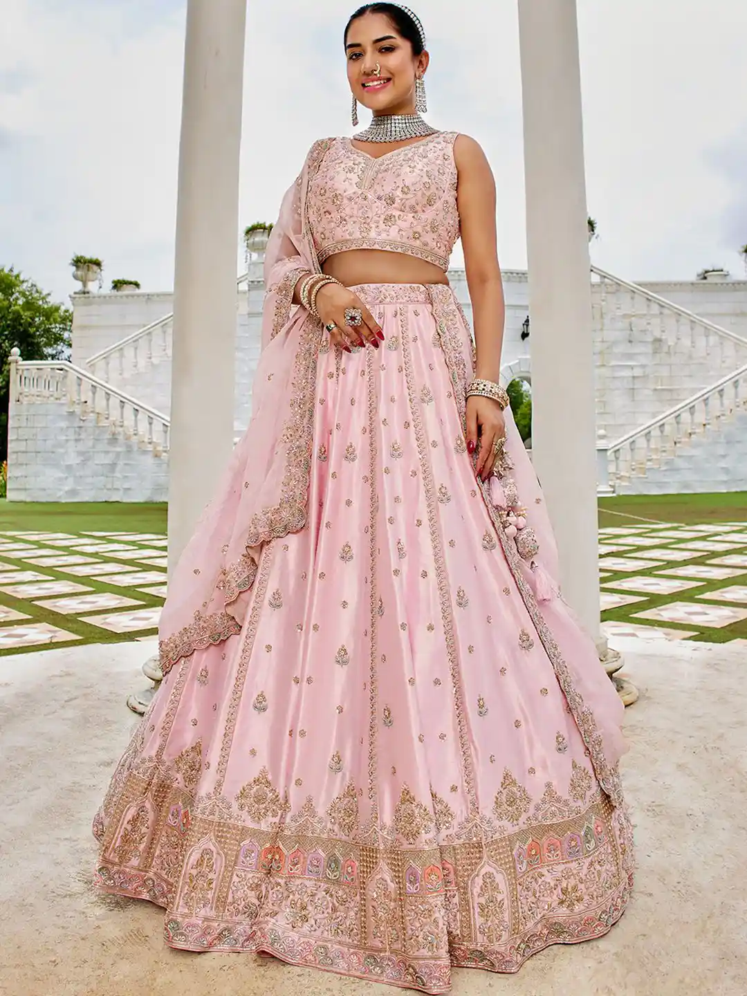 Buy panchhi Pink Embroidered Beads Stones Semi-Stitched Lehenga