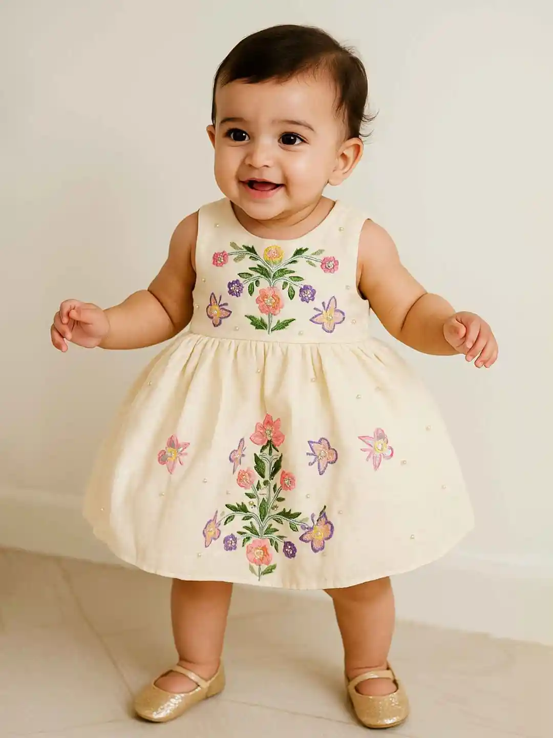 Buy Lagorii Girls Floral Embroidered Sleeveless Linen Fit Flare