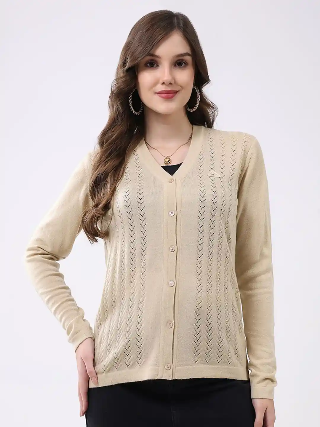 Monte Carlo Women Self Design V-Neck Full Sleeve Cardigan - Main Image