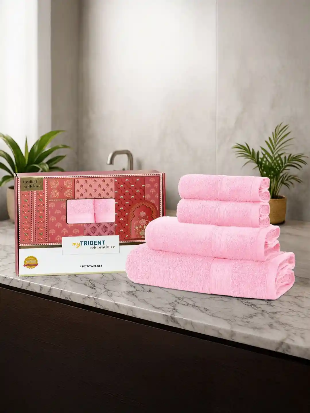 MYTRIDENT Pink Pieces Cotton 450 GSM Towel Set