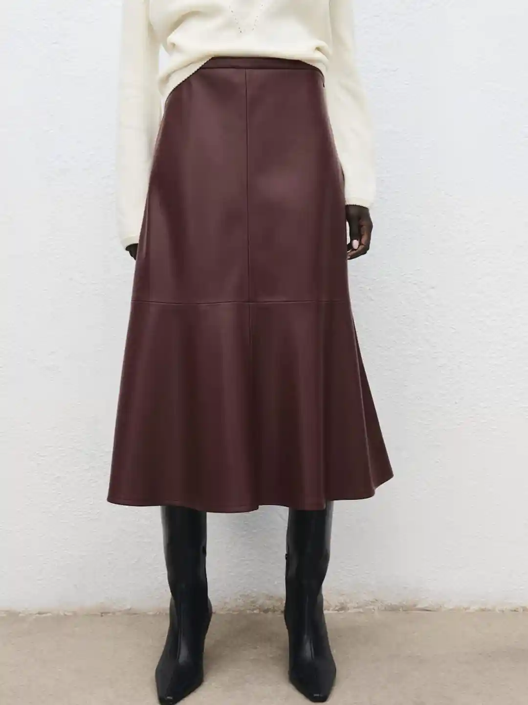 MANGO Mid-Rise Leather-Effect Flared Midi Skirt