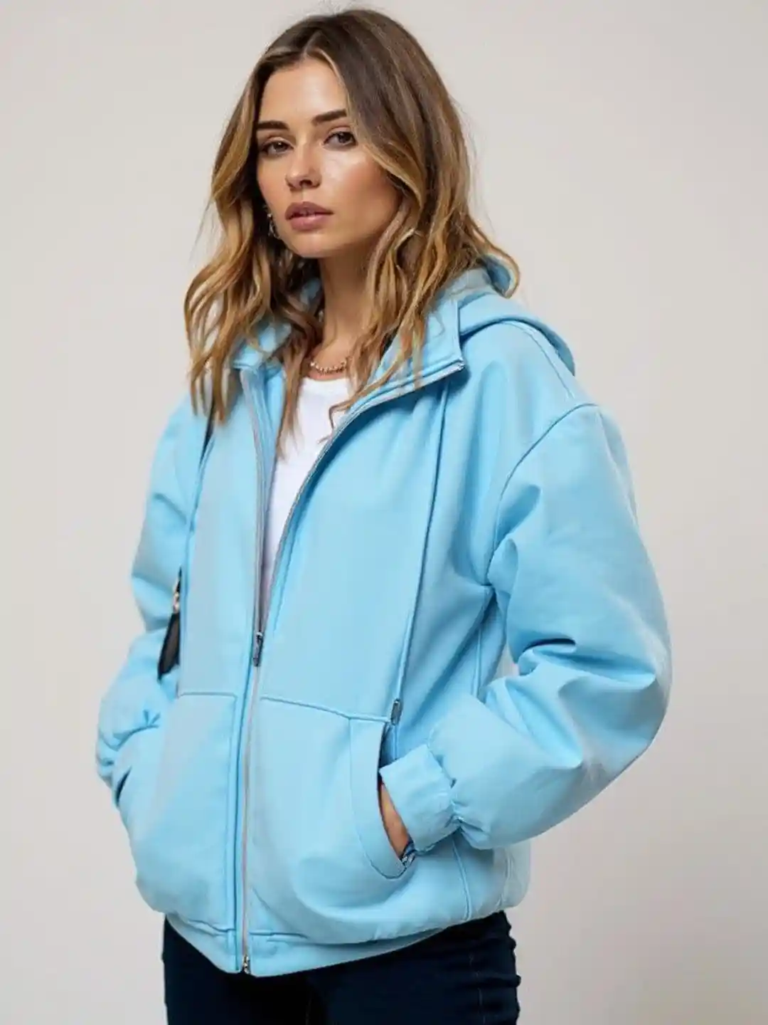 Buy HERE&NOW Women Turquoise Cotton Long Sleeves Kangaroo Pocket