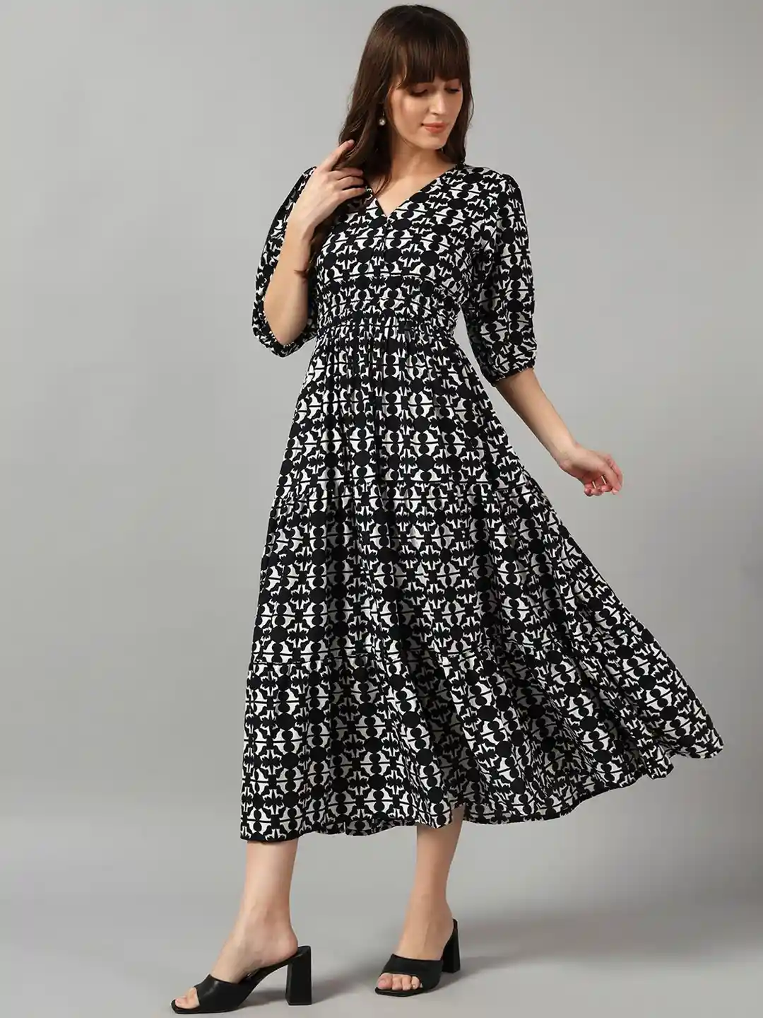 Buy Femvy Printed V-Neck Gathered or Pleated Casual A-Line Midi