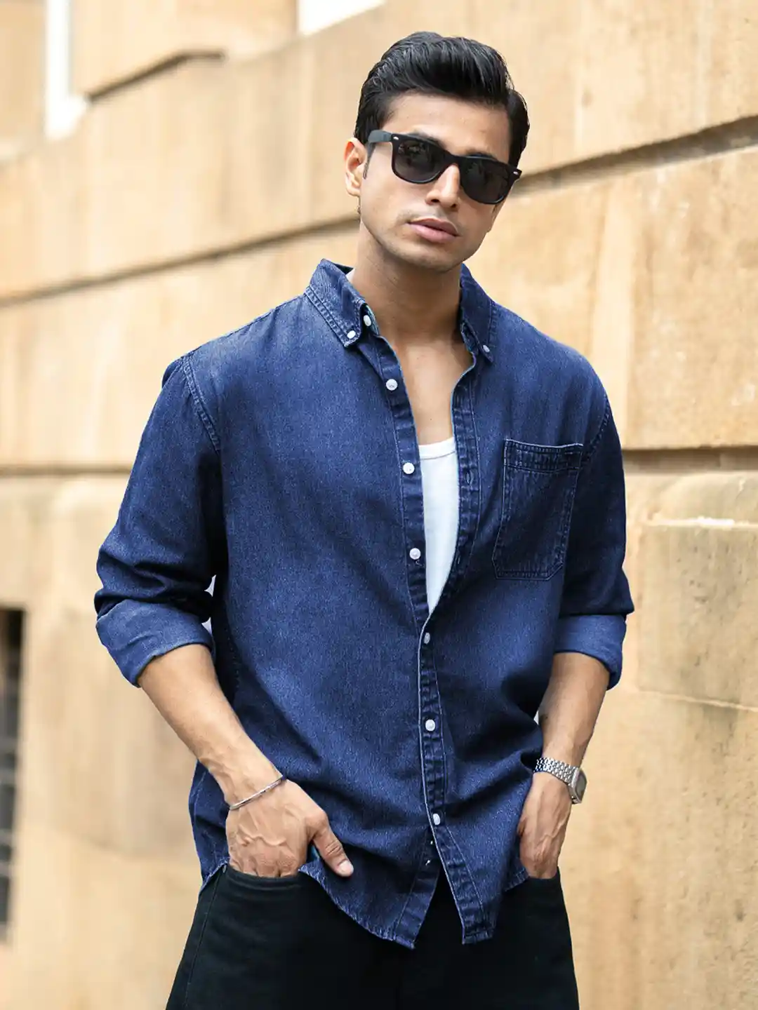 Powerlook Spread Collar Long Sleeves Denim Shirt