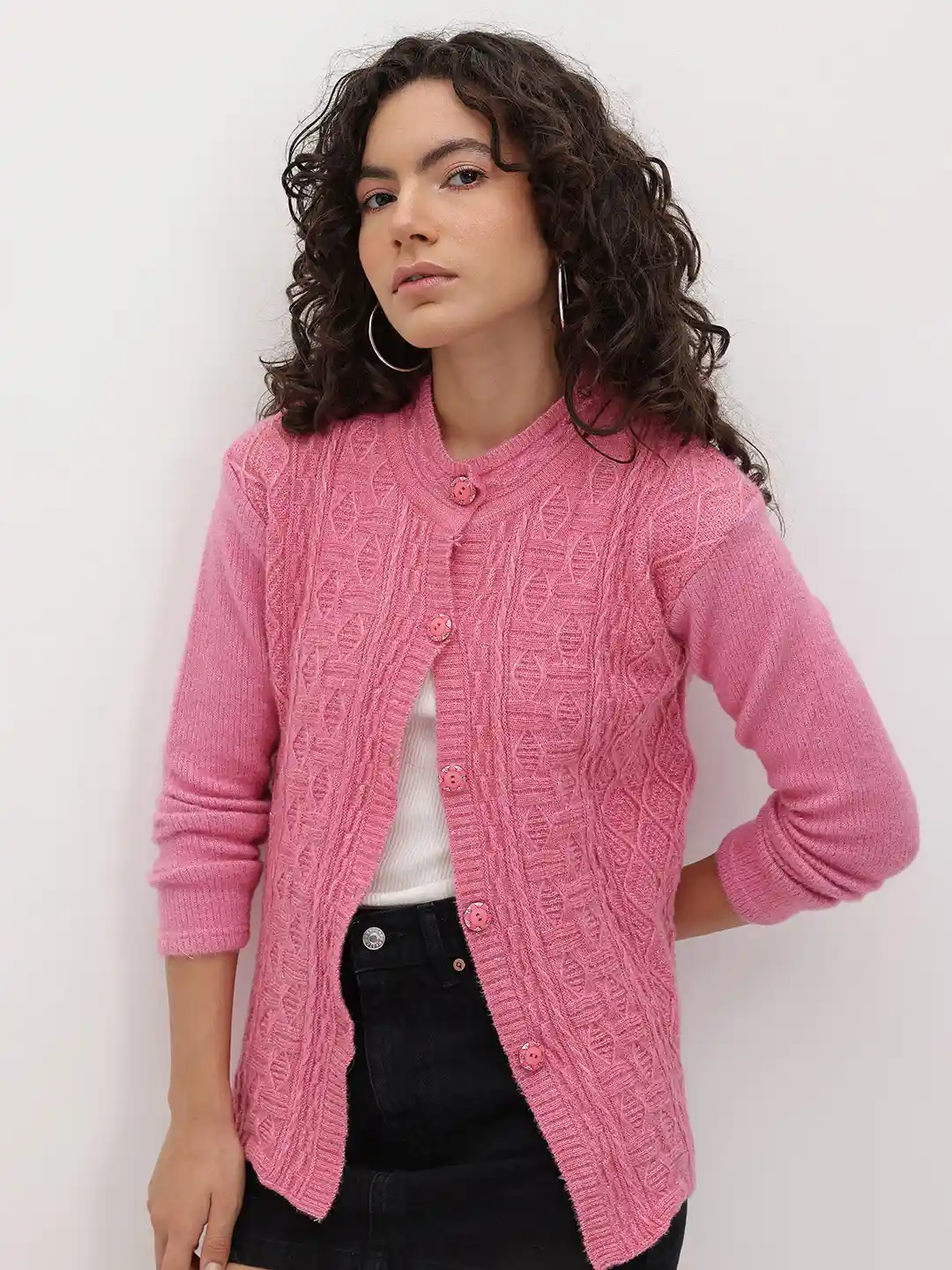 The Roadster Life Self Design Textured Knitted Cardigan Sweater