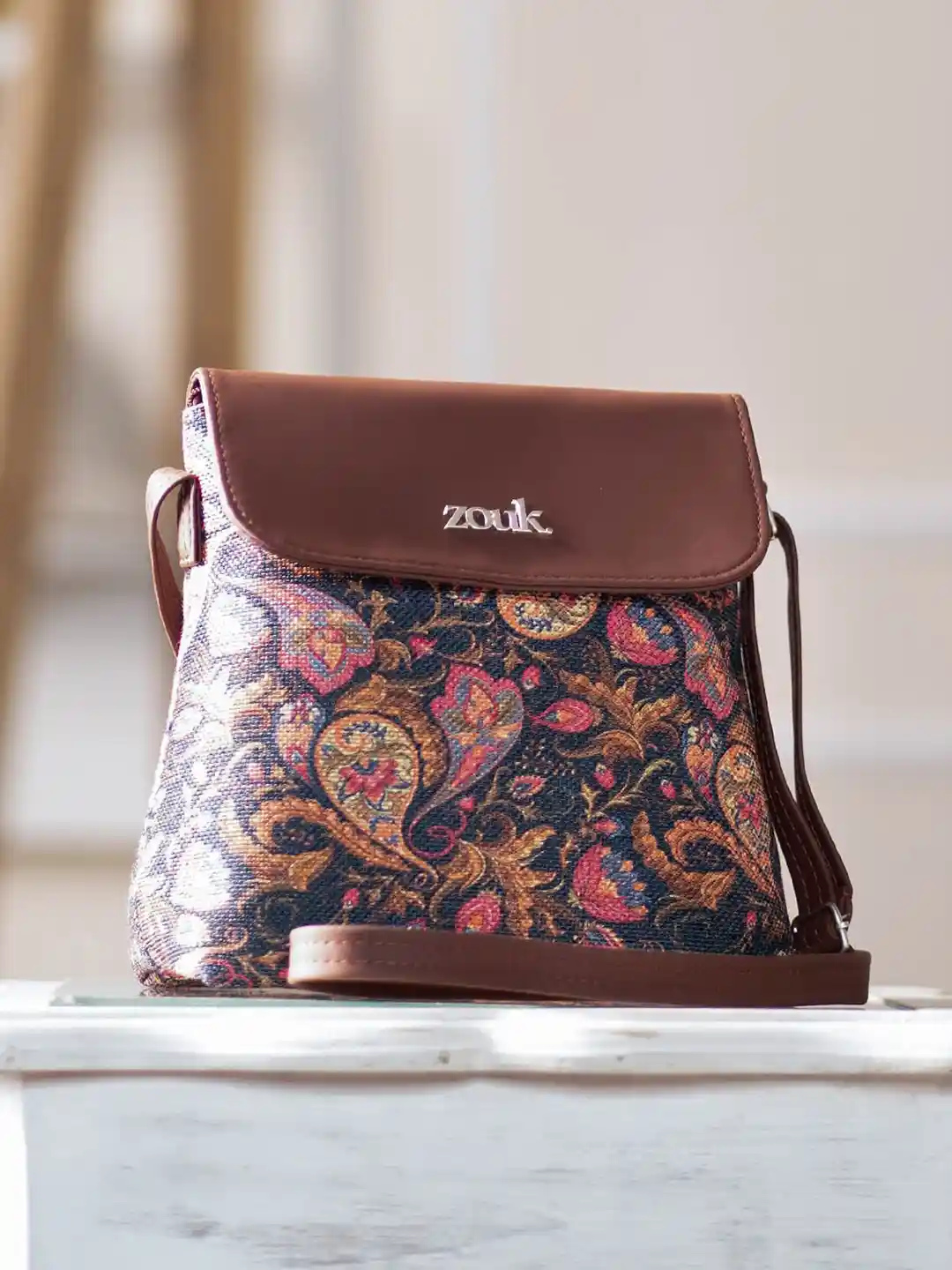 ZOUK Ethnic Motifs Printed Structured Sling Bag