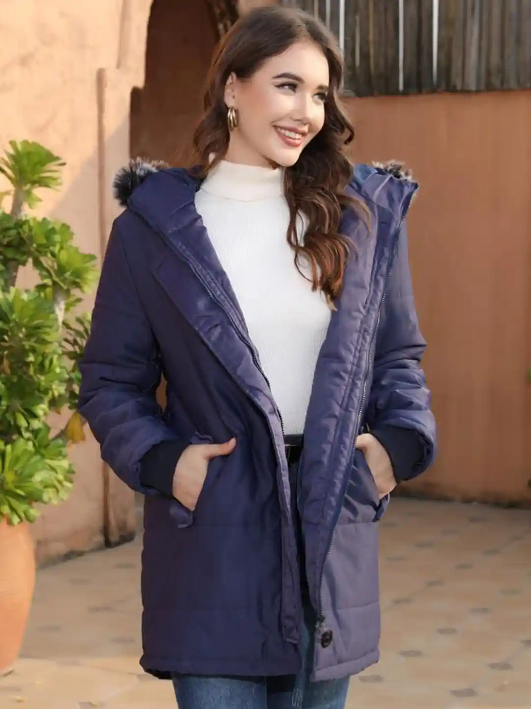 Navy Blue Solid Lightweight Puffer Jacket
