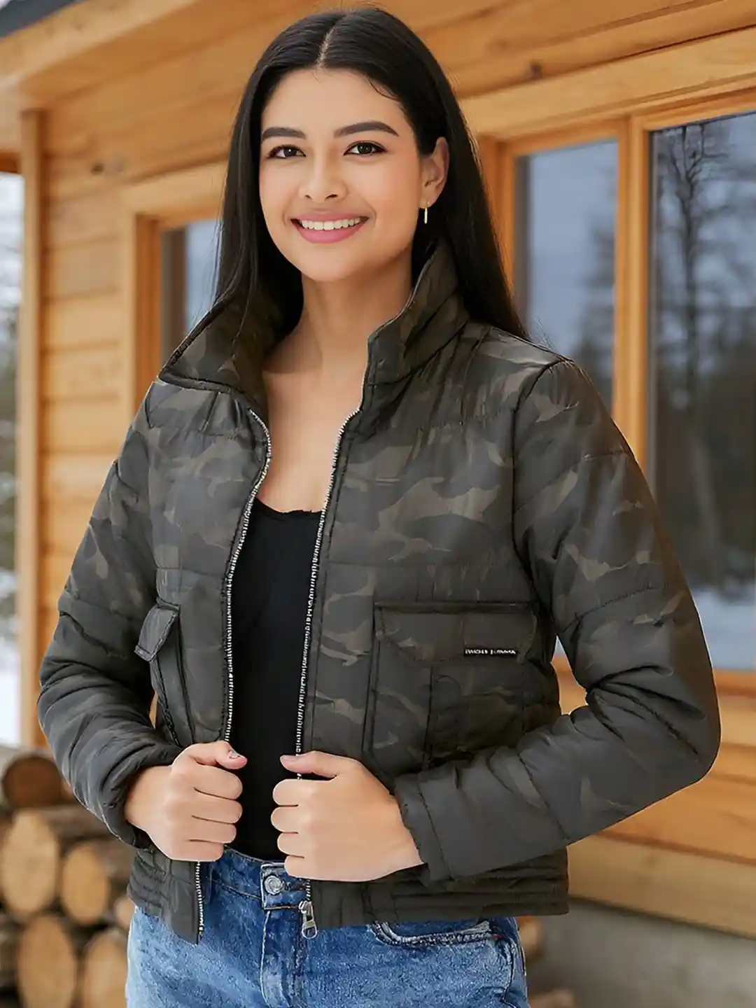 Campus Sutra Women Mock Collar Camouflage Printed Lightweight Puffer Jacket