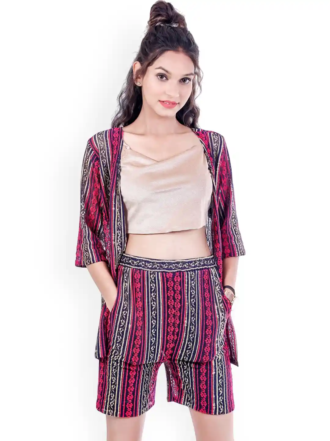 Buy SAMM RANAISSANCE Boat Neck Top And Shorts With Printed Shrug
