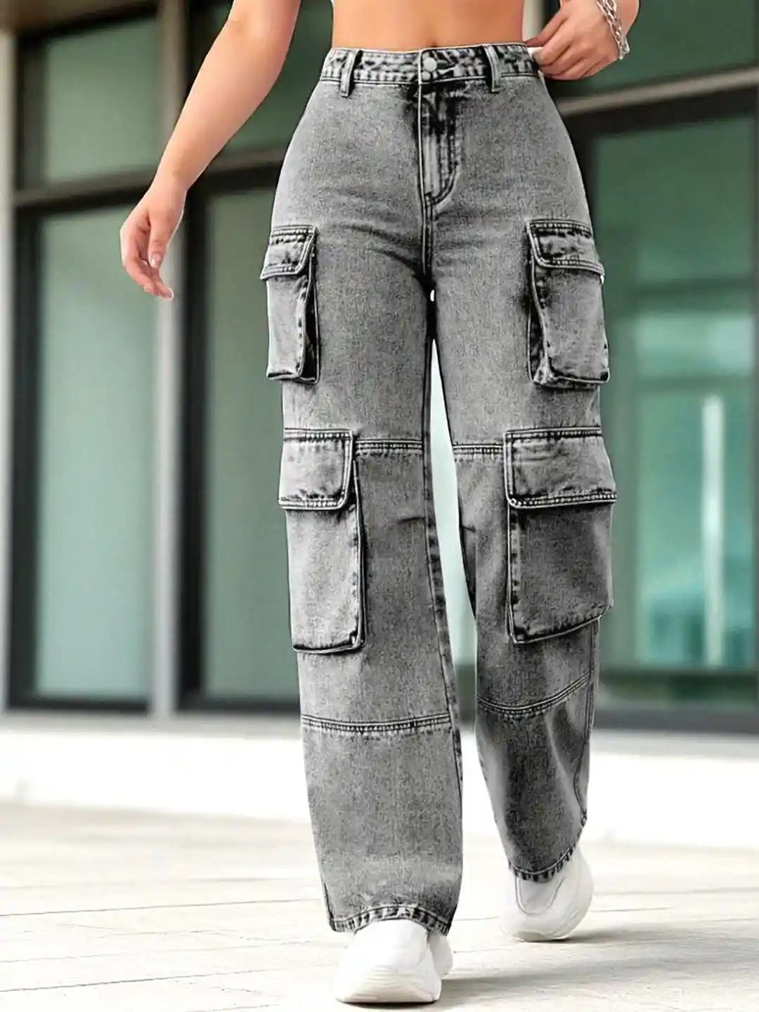 Glossia Women Comfort Wide Leg High-Rise Acid Wash Cargo Style Stretchable  Jeans