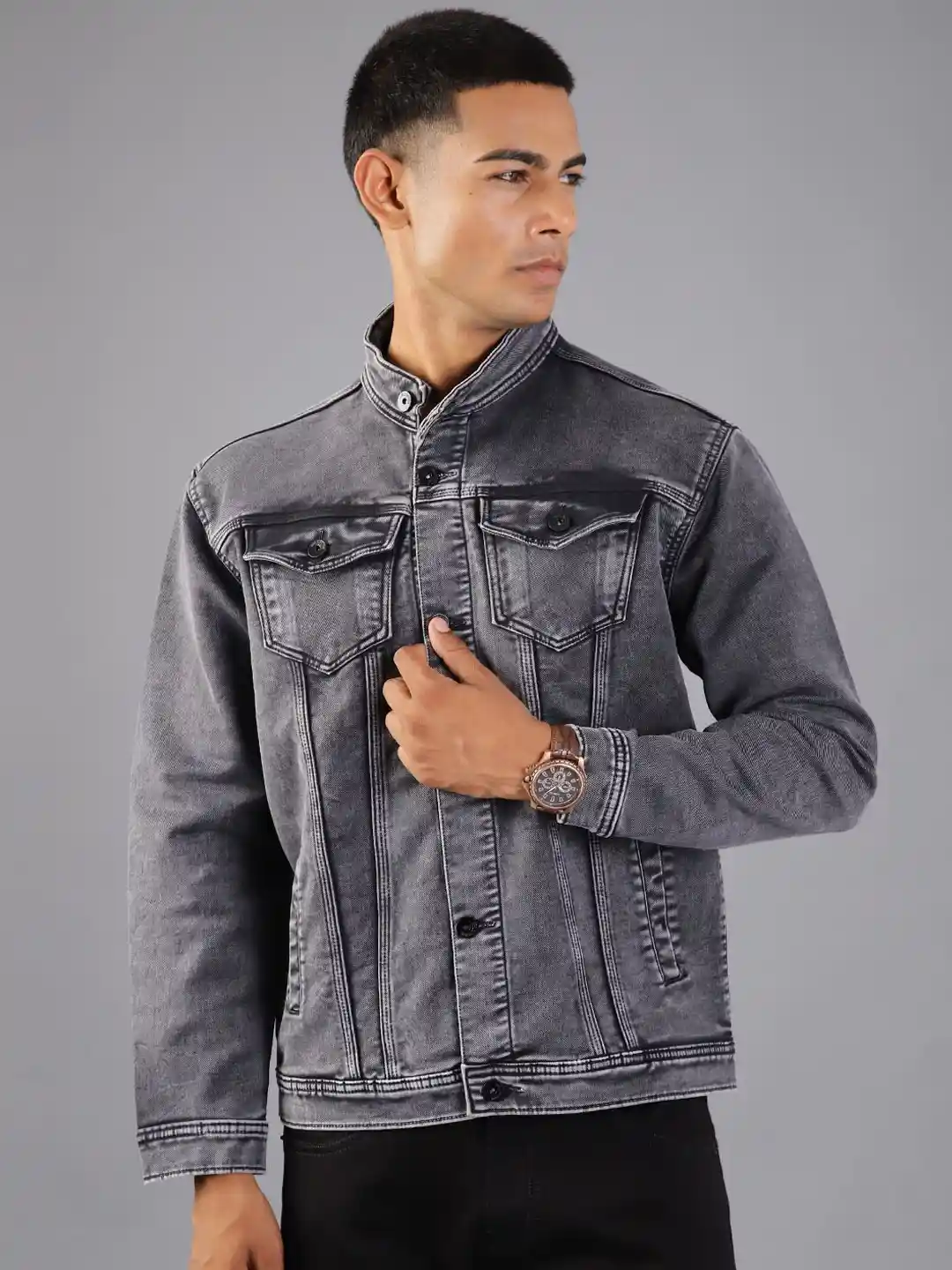 V-Mart Mandarin Collar Washed Denim Jacket