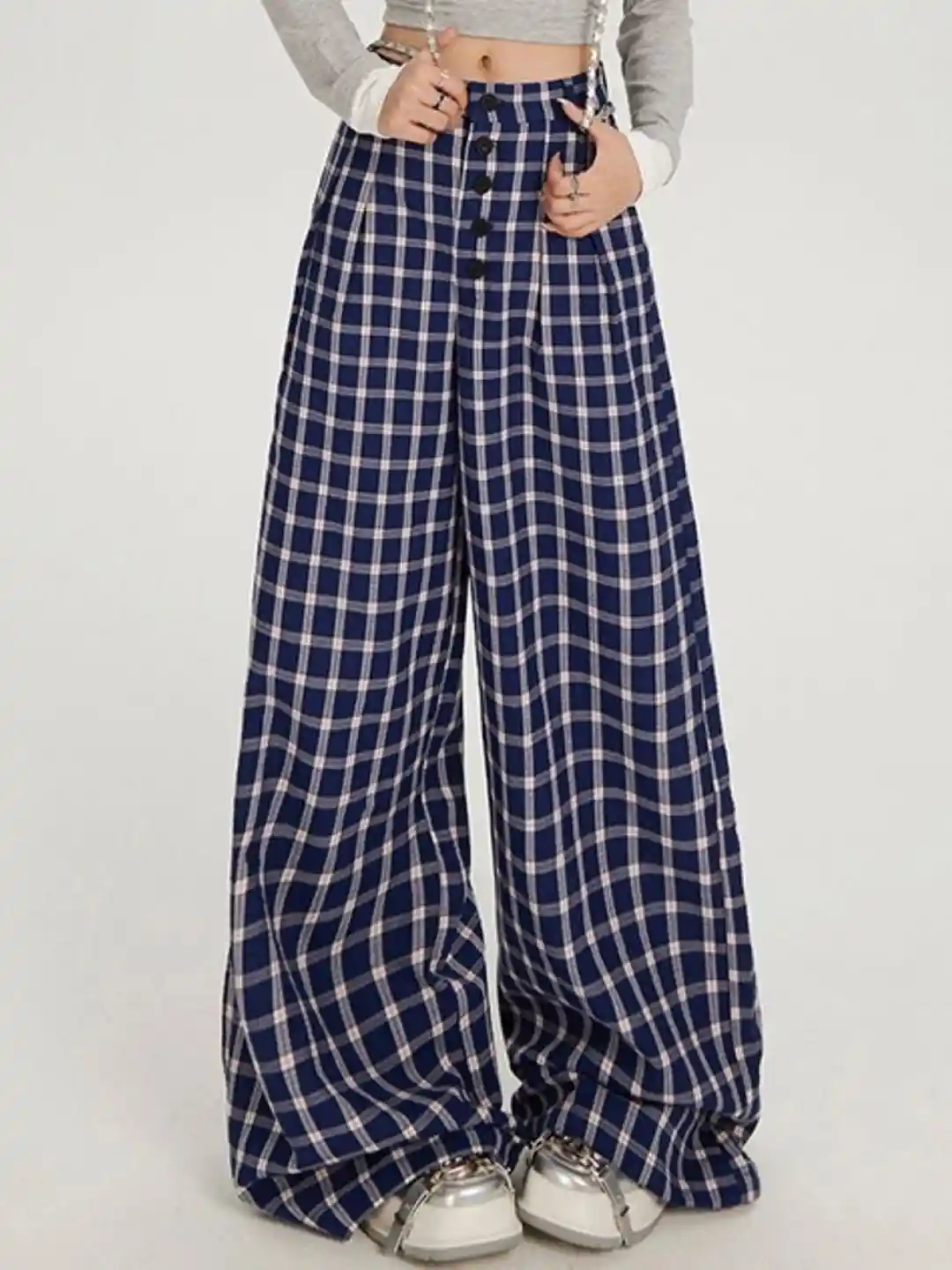 Buy StyleCast Women Blue Checked Loose Fit Wide Leg Trousers - Main Image