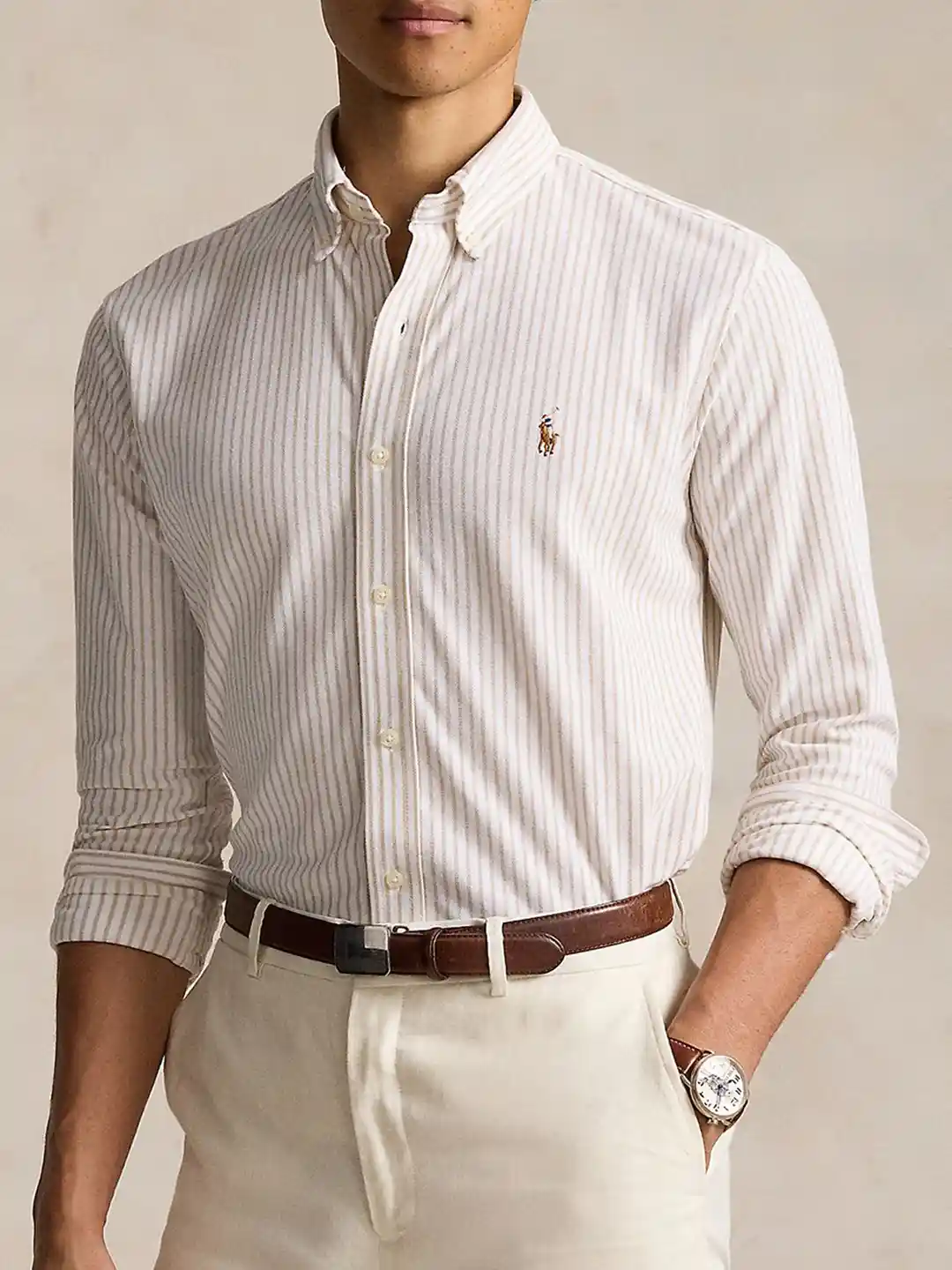 Polo Ralph Lauren Vertical Striped Herringbone Knit Cotton Mesh Oxford Shirt - Main Image