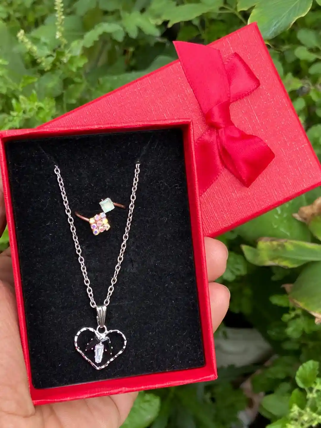 KALAFICIAL Silver Plated Crystal Heart Pendant Necklace with Matching Ring