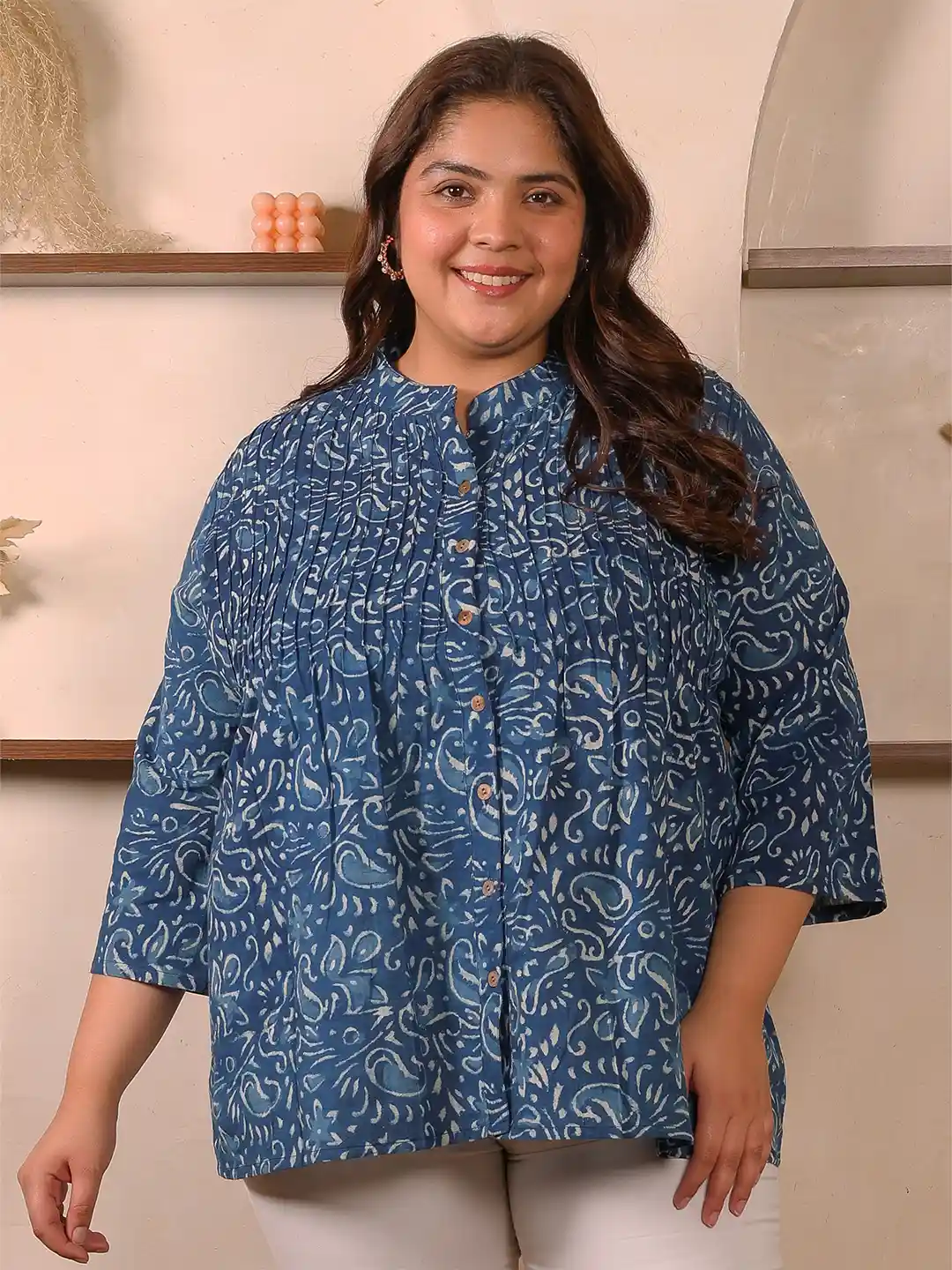 Indietoga Women's Plus Size Cotton Casual Tunic - Blue Geometric Print With Roll-Up Sleeves & Side Pockets