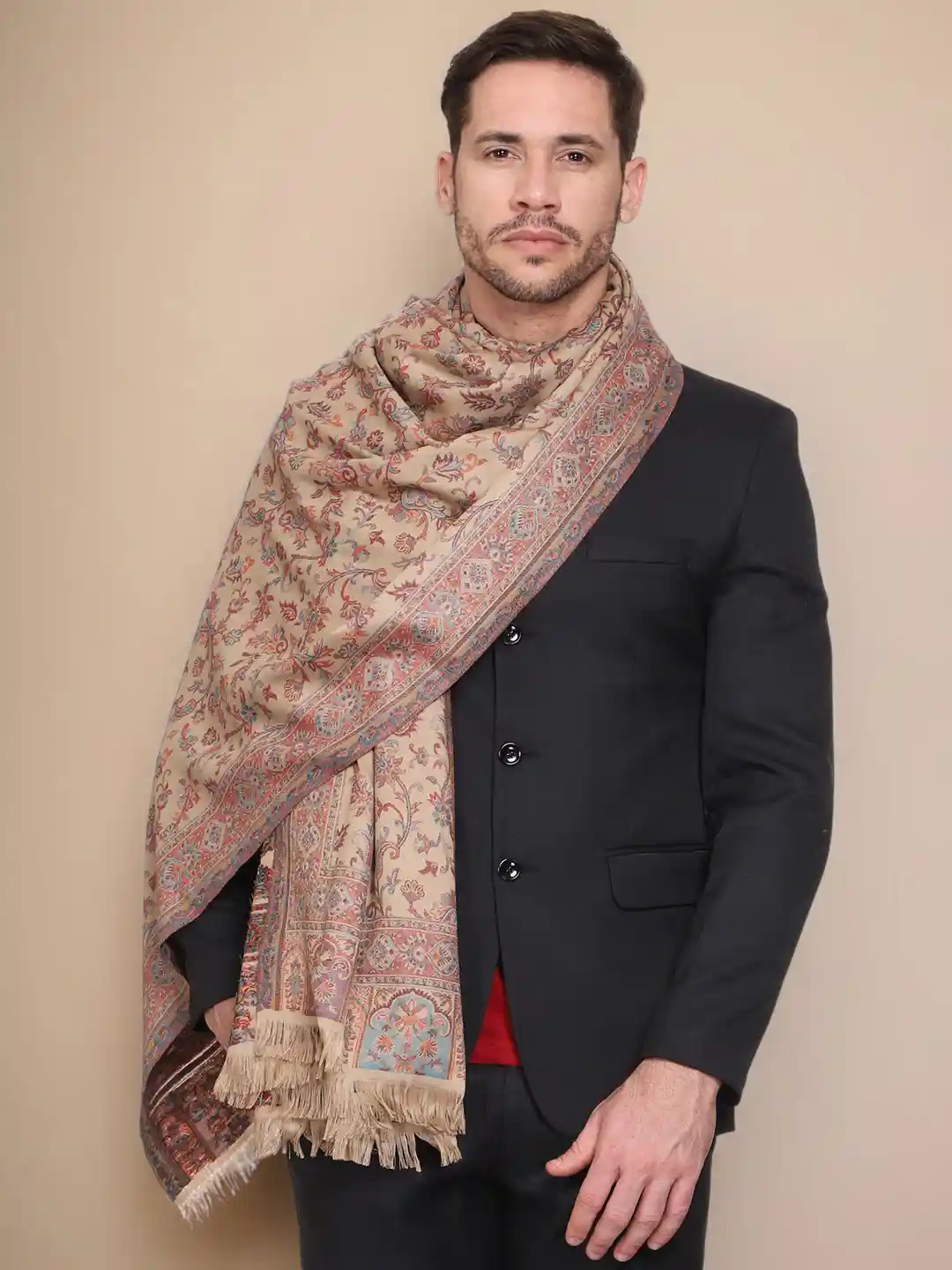 Buy WEAVERS VILLA Men Beige Red Woven Design Woolen Shawl