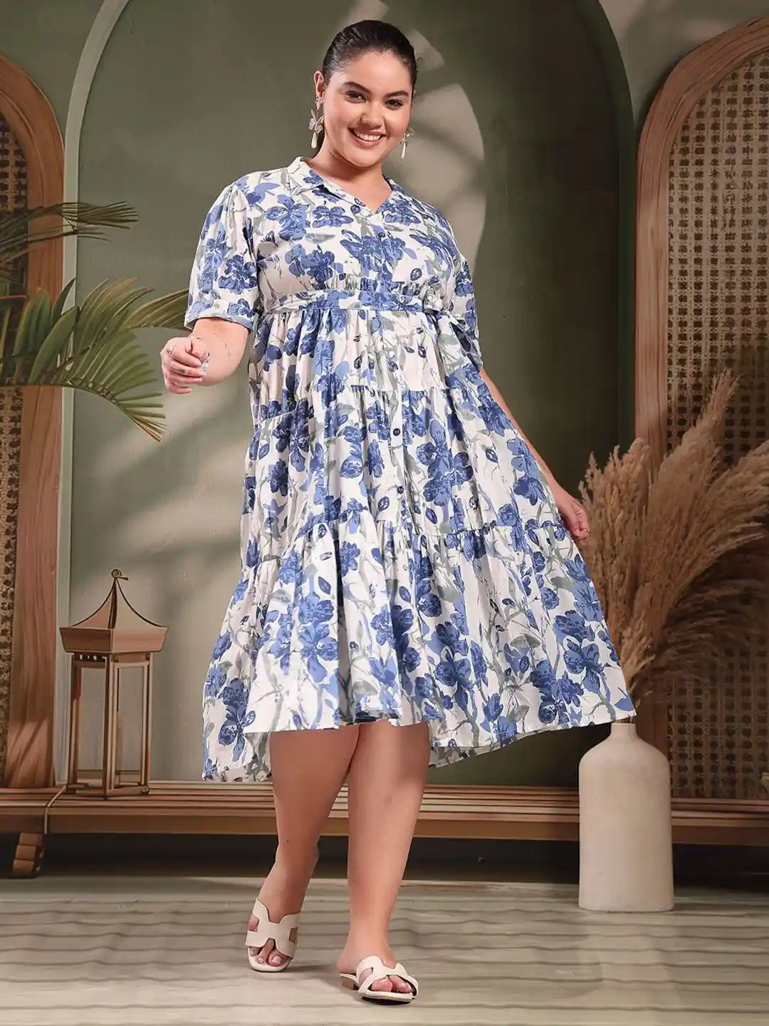 Stylum Floral Printed Shirt Collar Fit Flare Pure Cotton Plus Size Dress