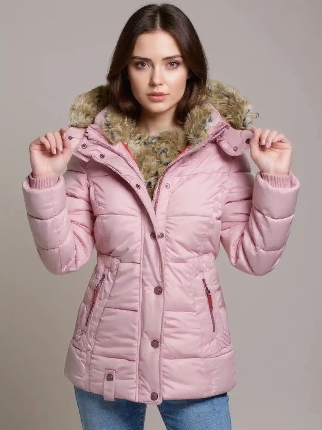 HERE&NOW Women Pink Solid Hooded Puffer Jacket