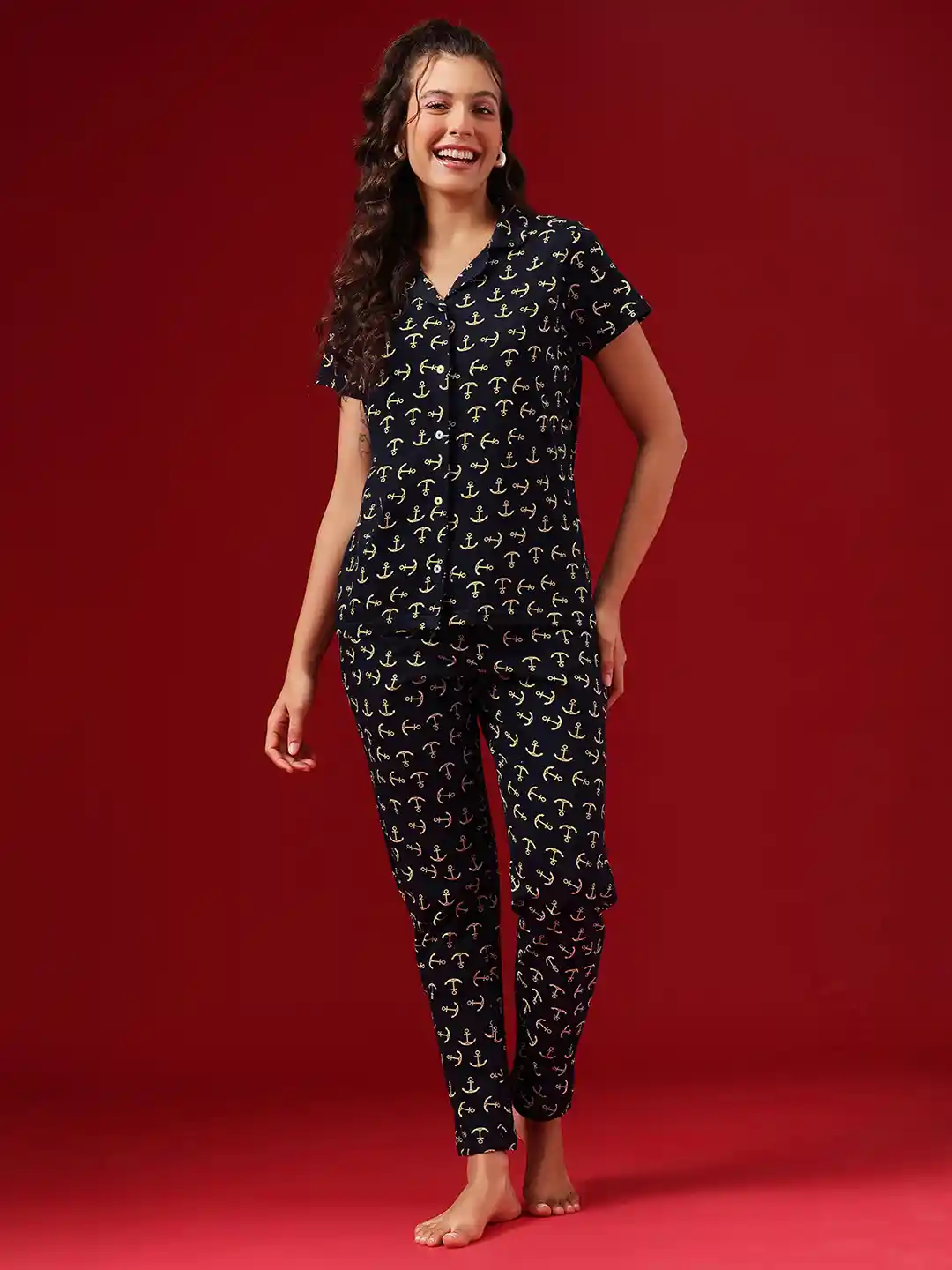 Buy Clovia Women Cotton Printed Button Top Pyjama Set Night