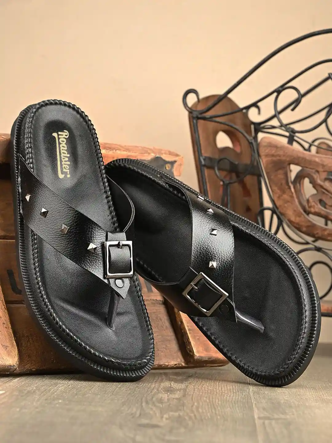 Roadster Men Black Wide Straps Studded Slip-On Sandals - Main Image