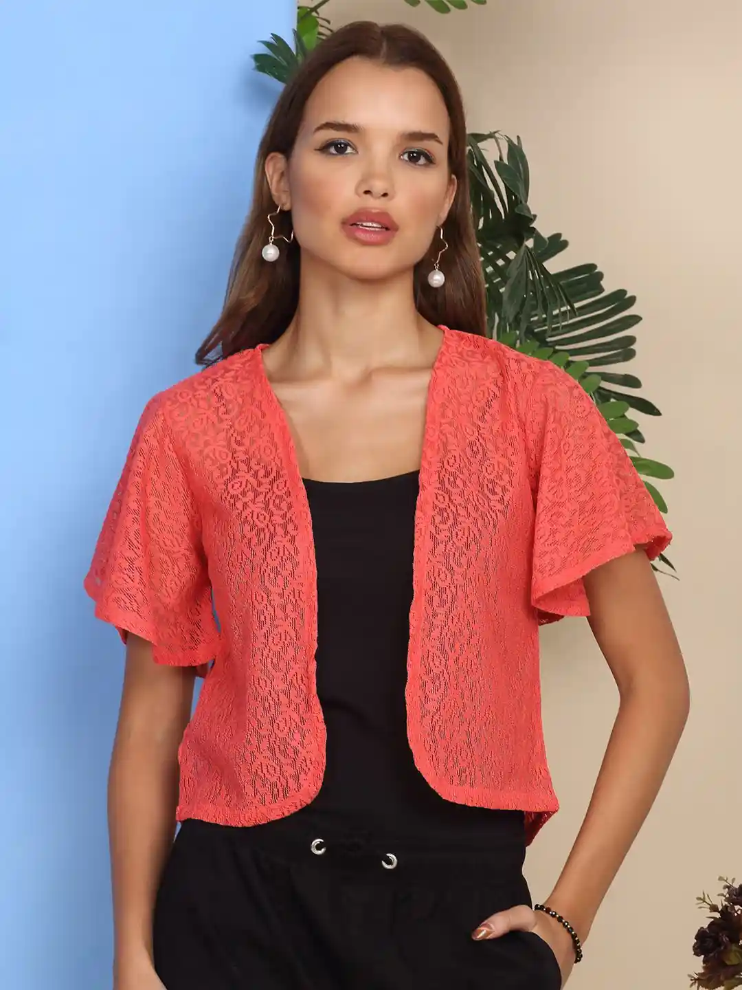 Buy MORDEN MUSE Self Design Open Front Flared Sleeve Crop Shrug