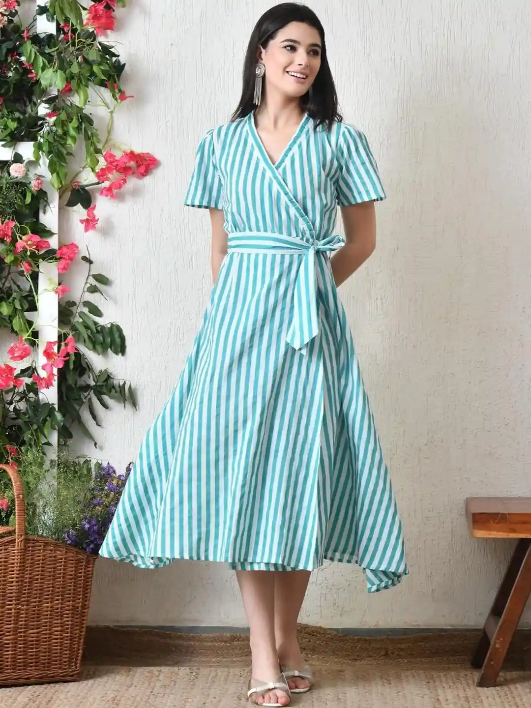 Buy KALINI Striped V-Neck Wrap Cotton Midi Dress Dresses for