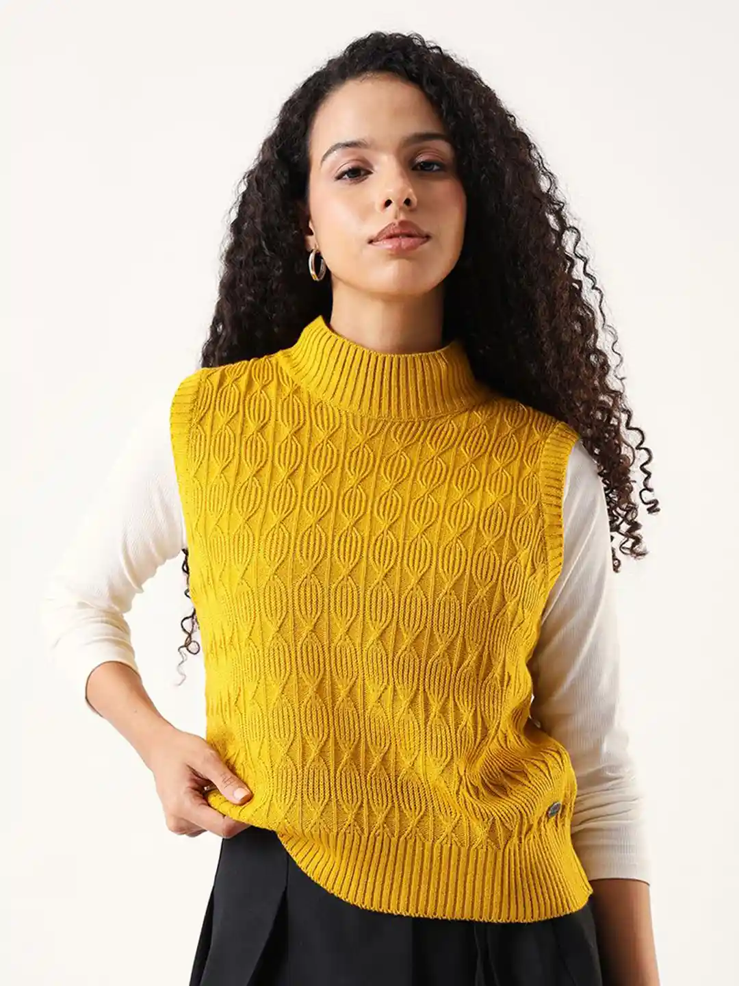 High Star Women Self Design Mock Neck Sleeveless Sweater Vest